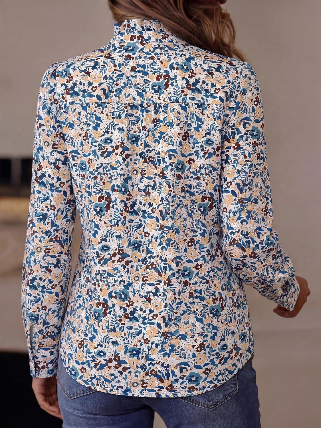 image:imageBTFBM Women Puff Long Sleeve Shirts Ruffle Collar Floral Boho TopsFloral White Yellow Blue