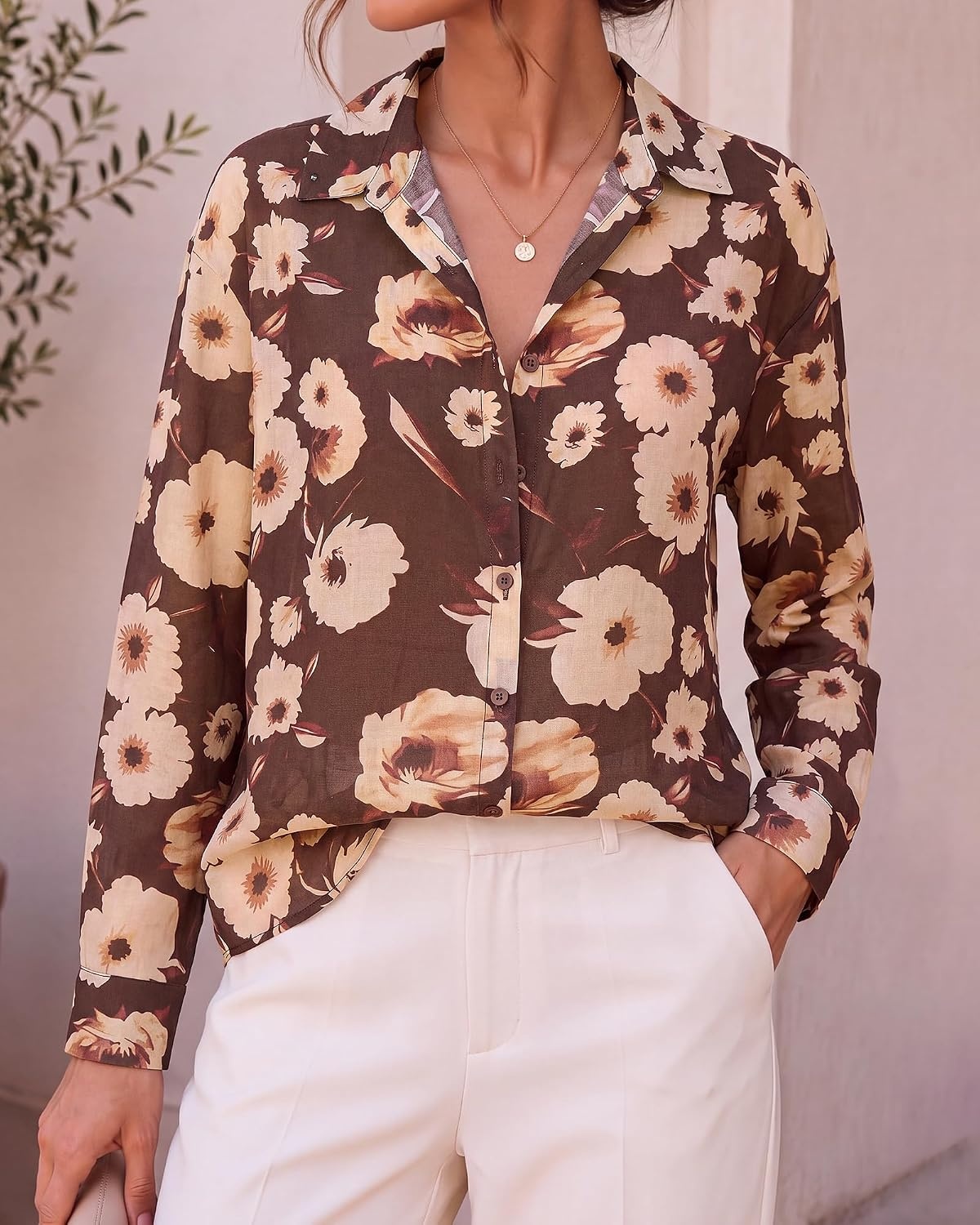 image:imageBTFBM Womens Blouses Dressy Casual Floral Long Sleeve Shirts Polka Dot TopsFloral Coffee Apricot