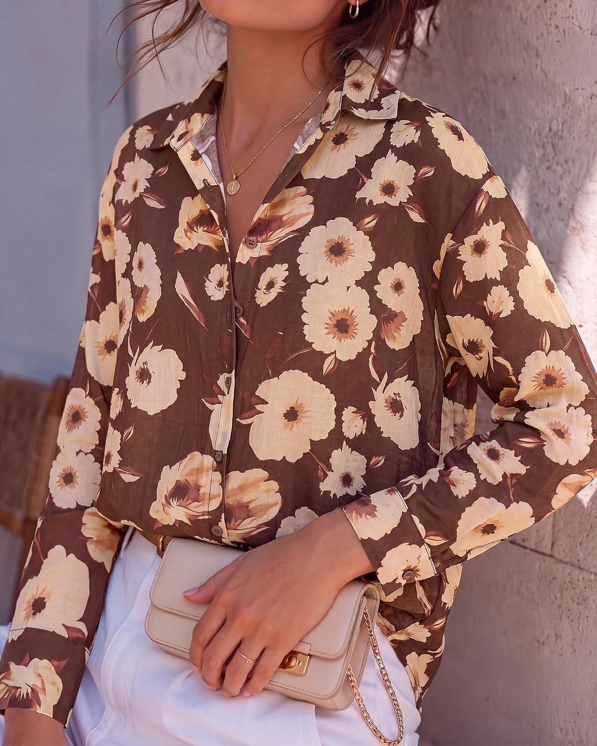 image:imageBTFBM Womens Blouses Dressy Casual Floral Long Sleeve Shirts Polka Dot TopsFloral Coffee Apricot