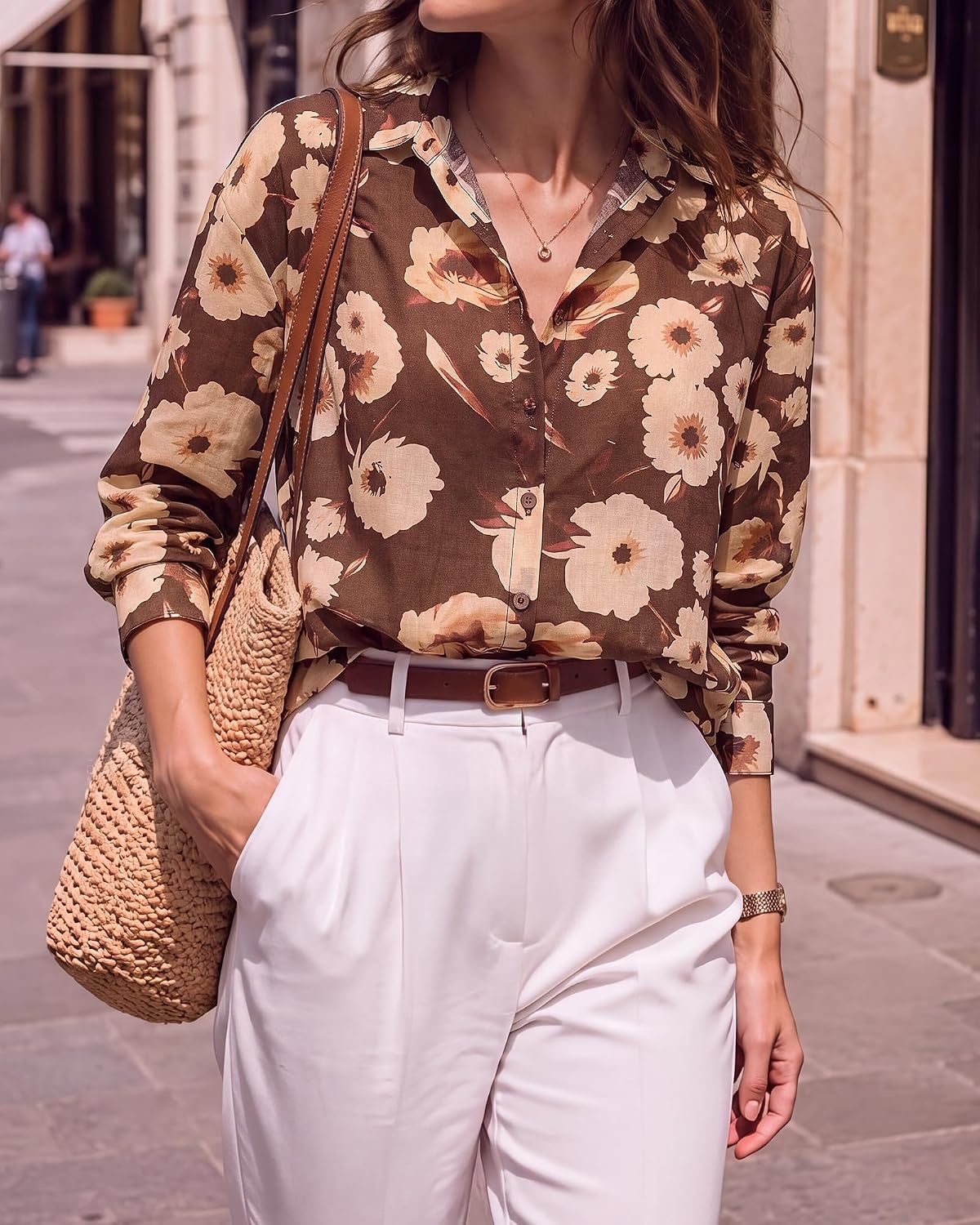 image:imageBTFBM Womens Blouses Dressy Casual Floral Long Sleeve Shirts Polka Dot TopsFloral Coffee Apricot
