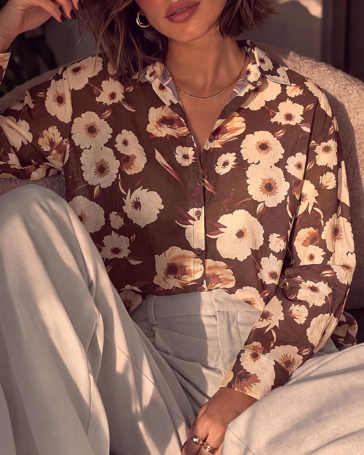 image:imageBTFBM Womens Blouses Dressy Casual Floral Long Sleeve Shirts Polka Dot TopsFloral Coffee Apricot