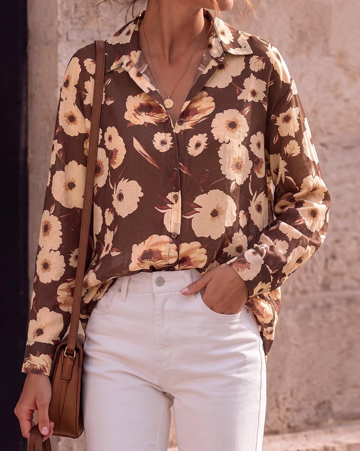 image:imageBTFBM Womens Blouses Dressy Casual Floral Long Sleeve Shirts Polka Dot TopsFloral Coffee Apricot
