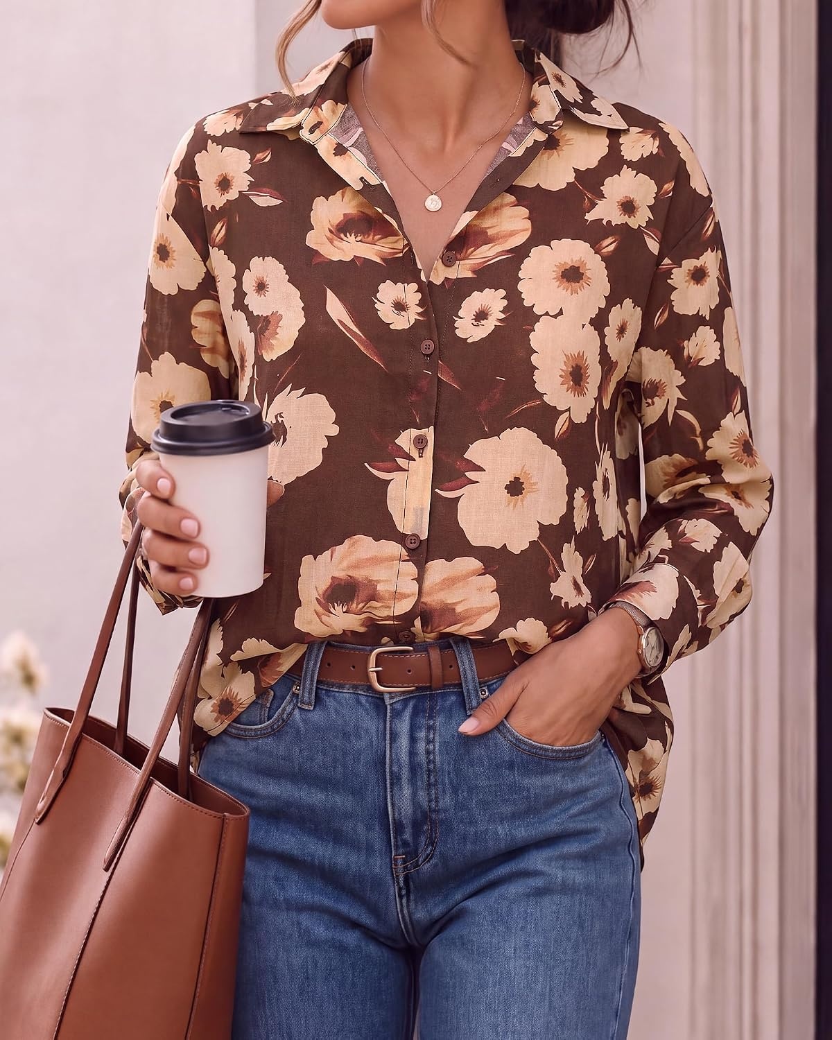 image:imageBTFBM Womens Blouses Dressy Casual Floral Long Sleeve Shirts Polka Dot TopsFloral Coffee Apricot