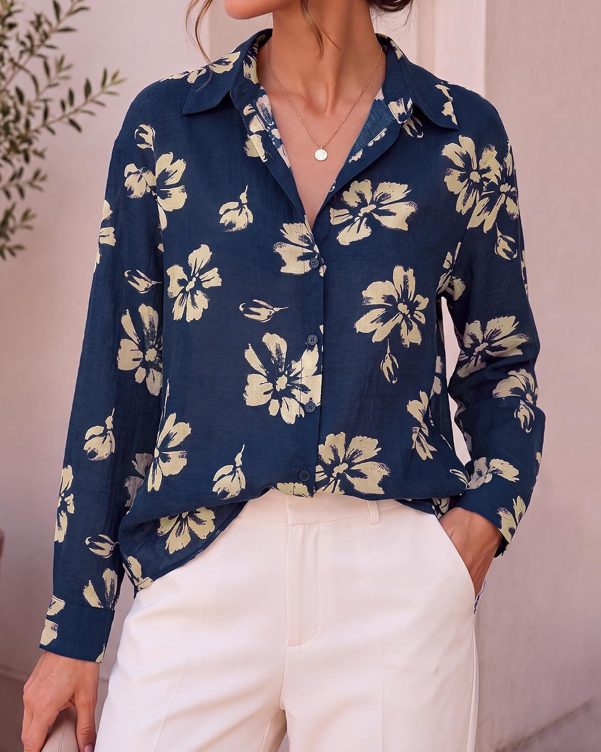 image:imageBTFBM Womens Blouses Dressy Casual Floral Long Sleeve Shirts Polka Dot TopsFloral Dark Blue Yellow