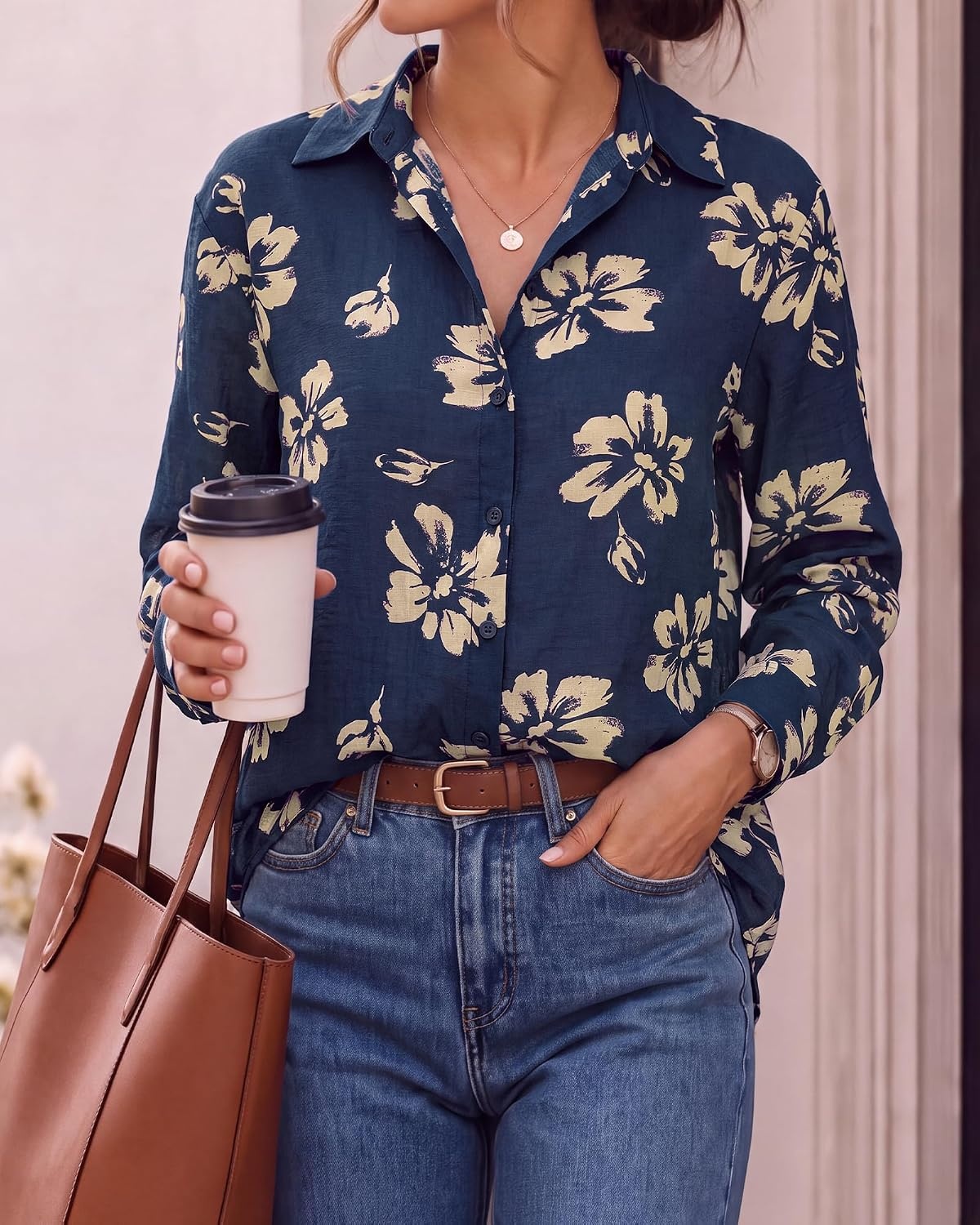 image:imageBTFBM Womens Blouses Dressy Casual Floral Long Sleeve Shirts Polka Dot TopsFloral Dark Blue Yellow