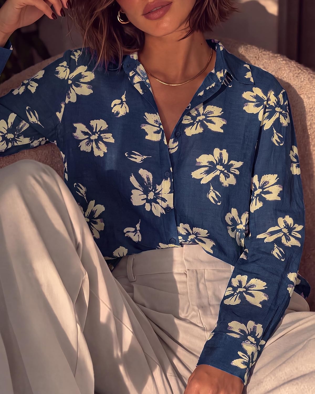 image:imageBTFBM Womens Blouses Dressy Casual Floral Long Sleeve Shirts Polka Dot TopsFloral Dark Blue Yellow