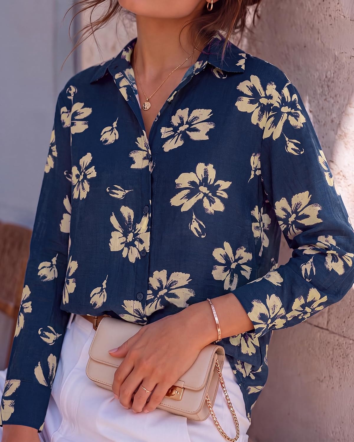 image:imageBTFBM Womens Blouses Dressy Casual Floral Long Sleeve Shirts Polka Dot TopsFloral Dark Blue Yellow