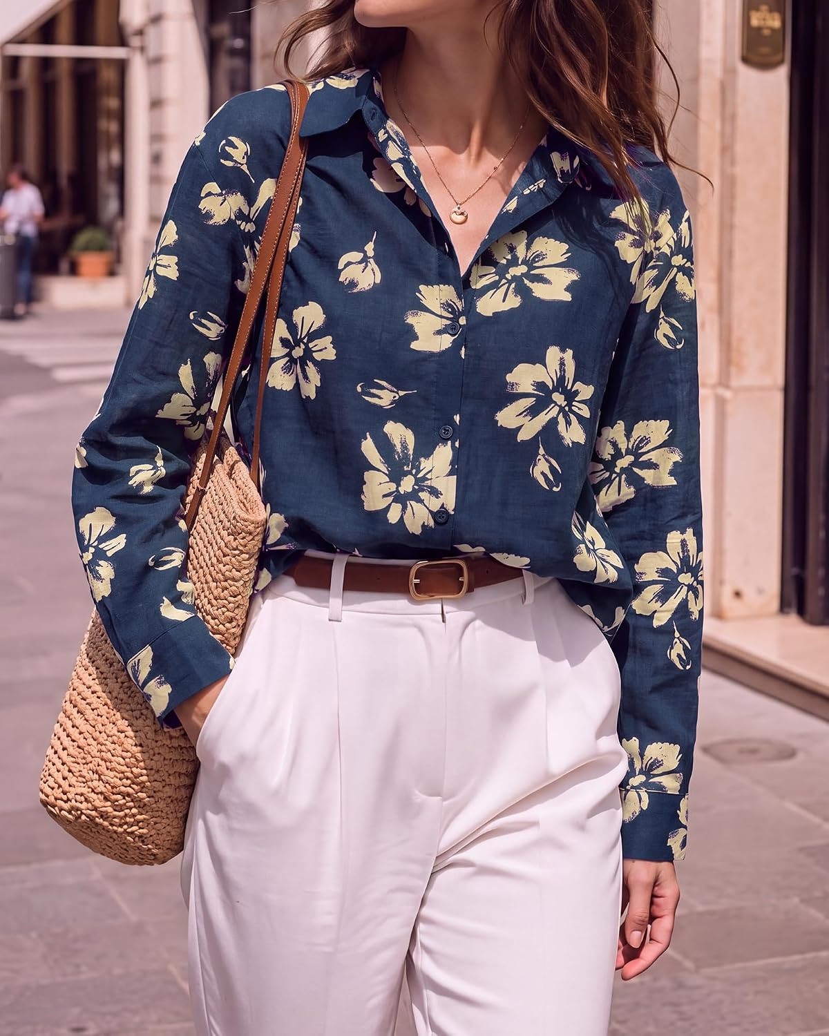 image:imageBTFBM Womens Blouses Dressy Casual Floral Long Sleeve Shirts Polka Dot TopsFloral Dark Blue Yellow