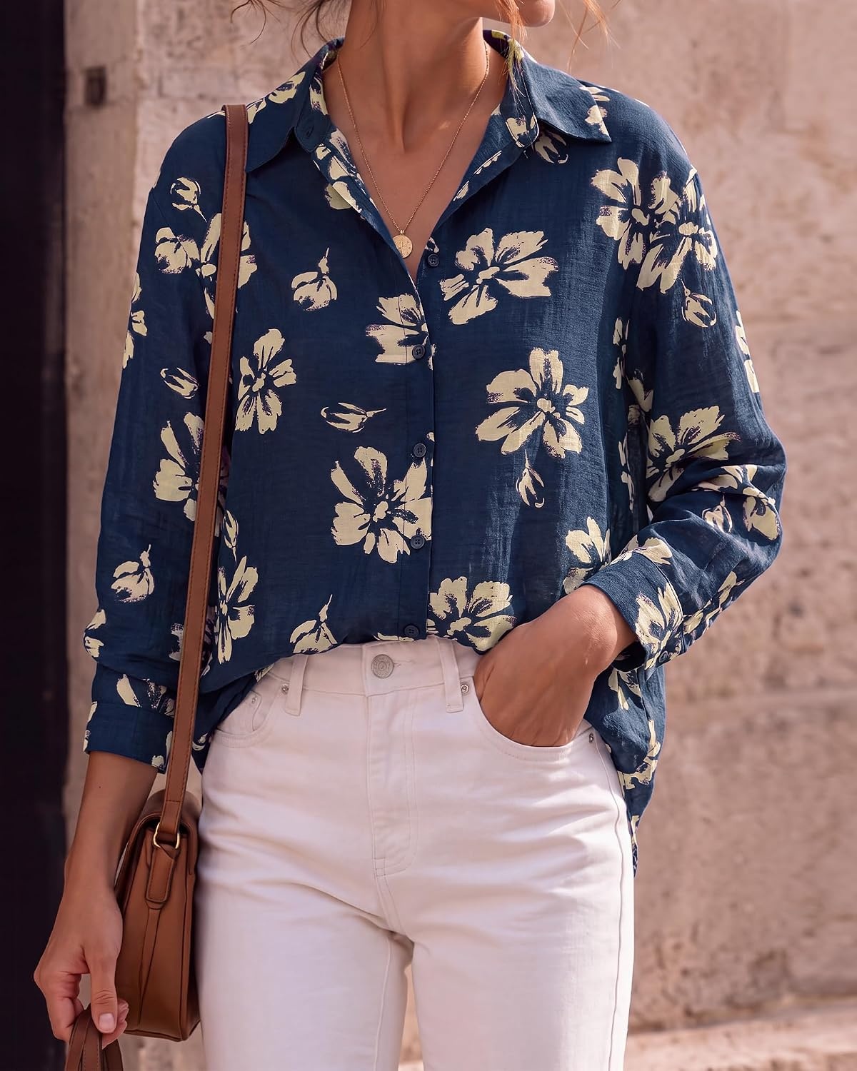 image:imageBTFBM Womens Blouses Dressy Casual Floral Long Sleeve Shirts Polka Dot TopsFloral Dark Blue Yellow