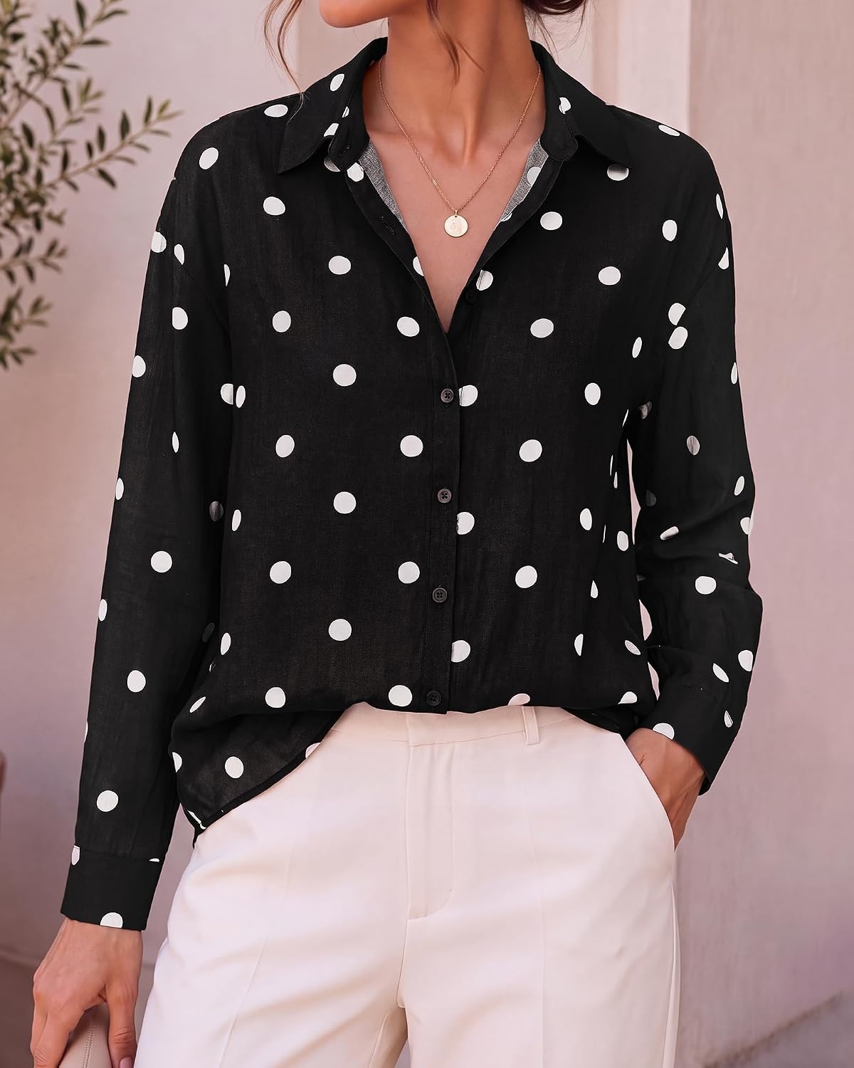 image:imageBTFBM Womens Blouses Dressy Casual Floral Long Sleeve Shirts Polka Dot TopsPolka Dot Black White