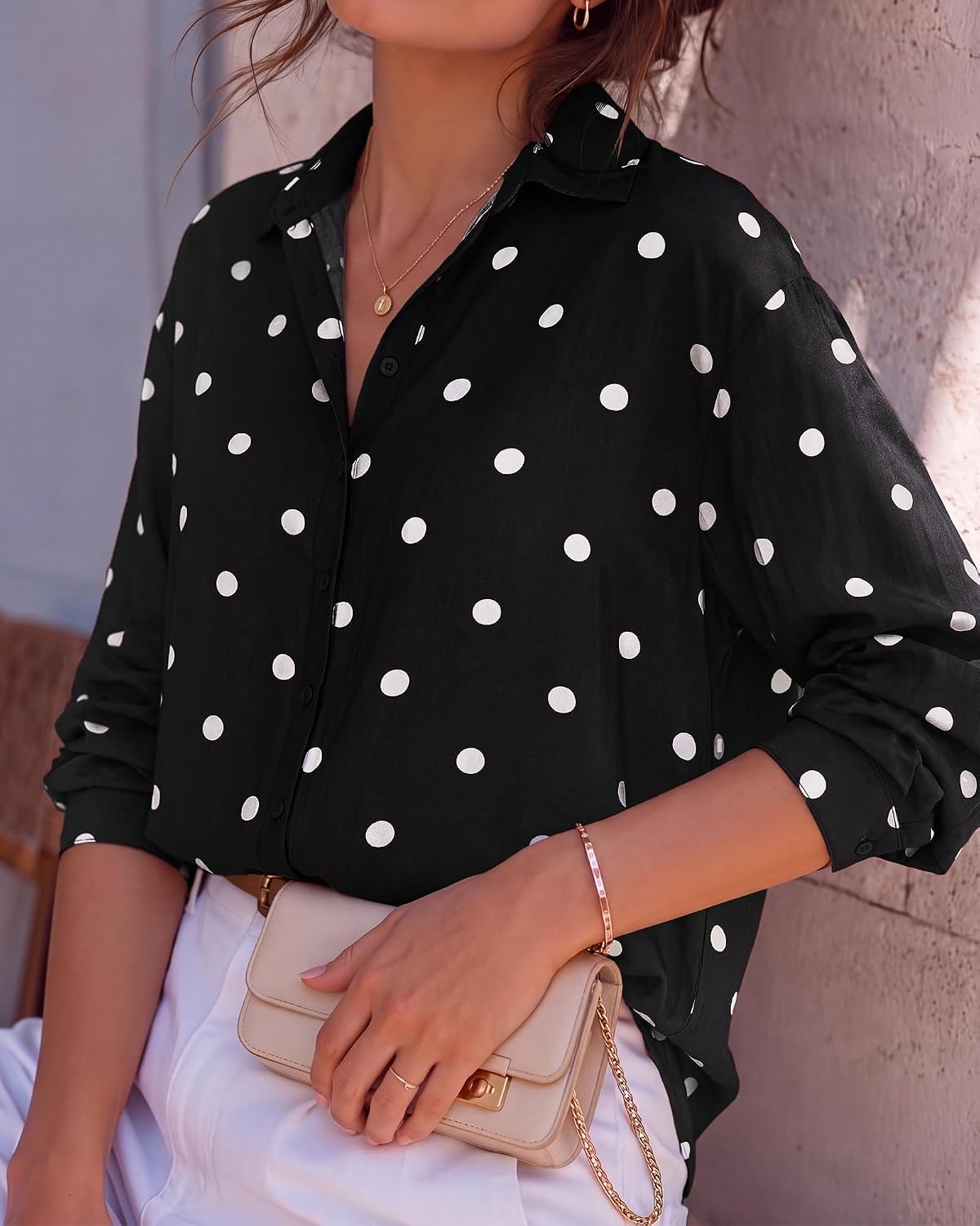 image:imageBTFBM Womens Blouses Dressy Casual Floral Long Sleeve Shirts Polka Dot TopsPolka Dot Black White