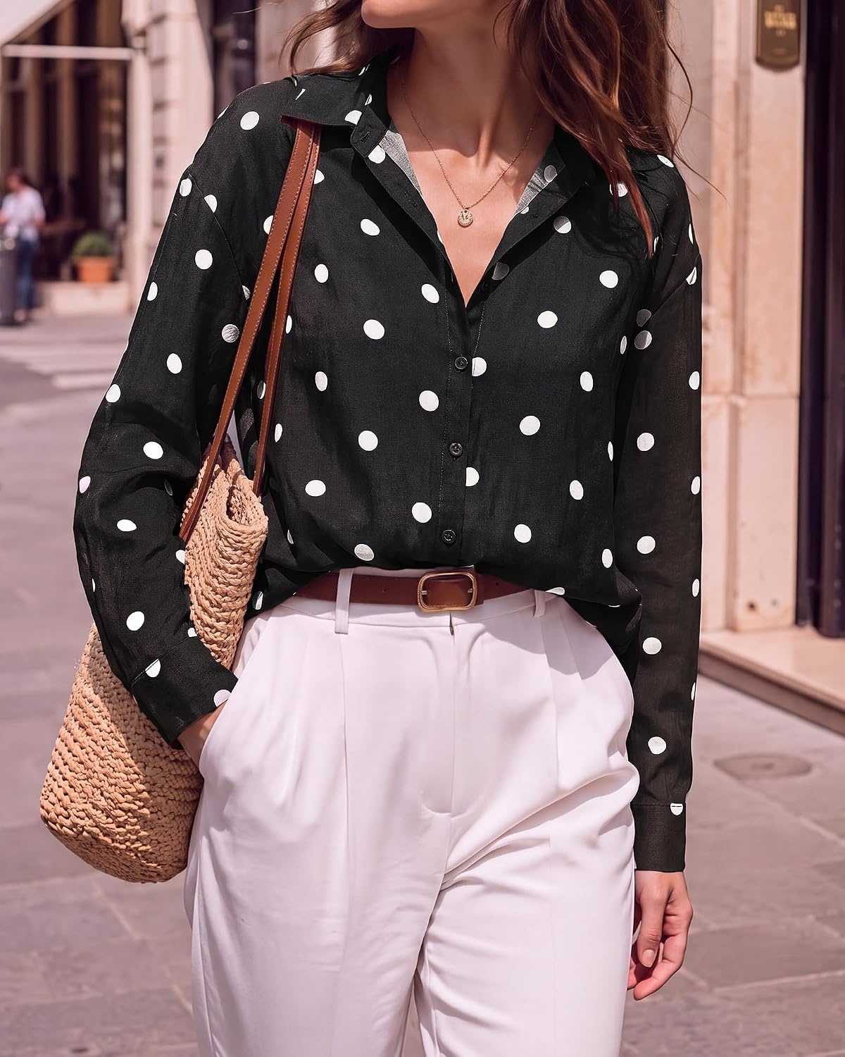 image:imageBTFBM Womens Blouses Dressy Casual Floral Long Sleeve Shirts Polka Dot TopsPolka Dot Black White