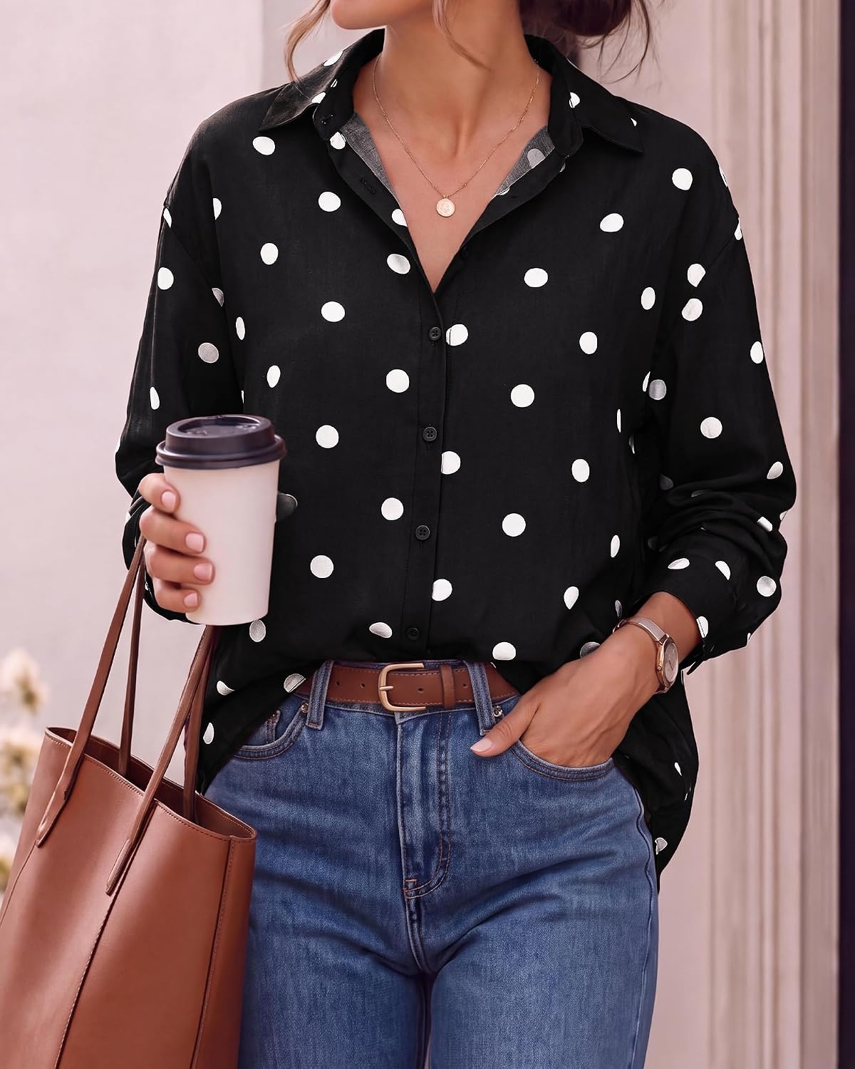 image:imageBTFBM Womens Blouses Dressy Casual Floral Long Sleeve Shirts Polka Dot TopsPolka Dot Black White