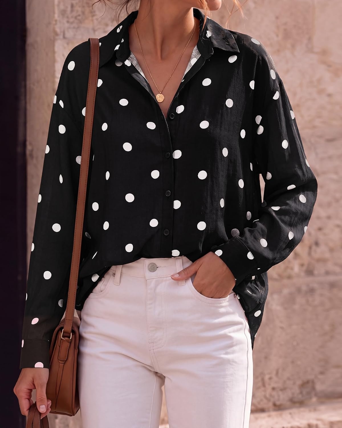 image:imageBTFBM Womens Blouses Dressy Casual Floral Long Sleeve Shirts Polka Dot TopsPolka Dot Black White
