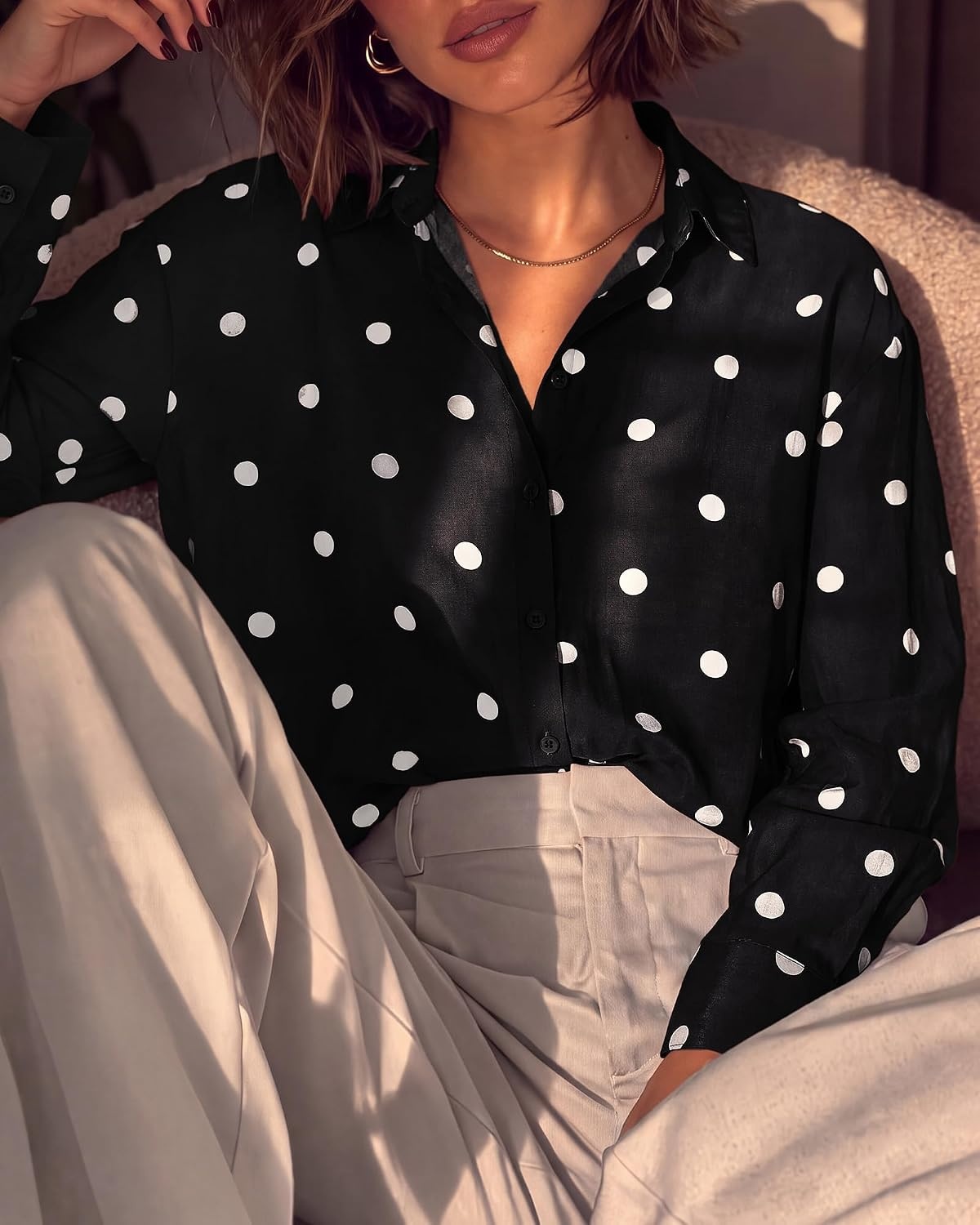 image:imageBTFBM Womens Blouses Dressy Casual Floral Long Sleeve Shirts Polka Dot TopsPolka Dot Black White