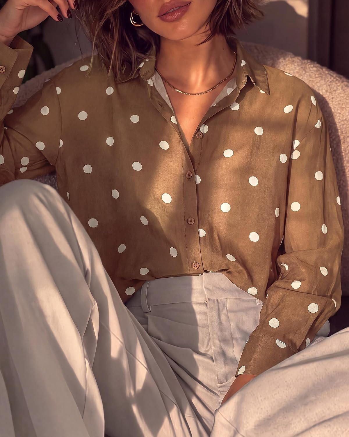 image:imageBTFBM Womens Blouses Dressy Casual Floral Long Sleeve Shirts Polka Dot TopsPolka Dot Brown White