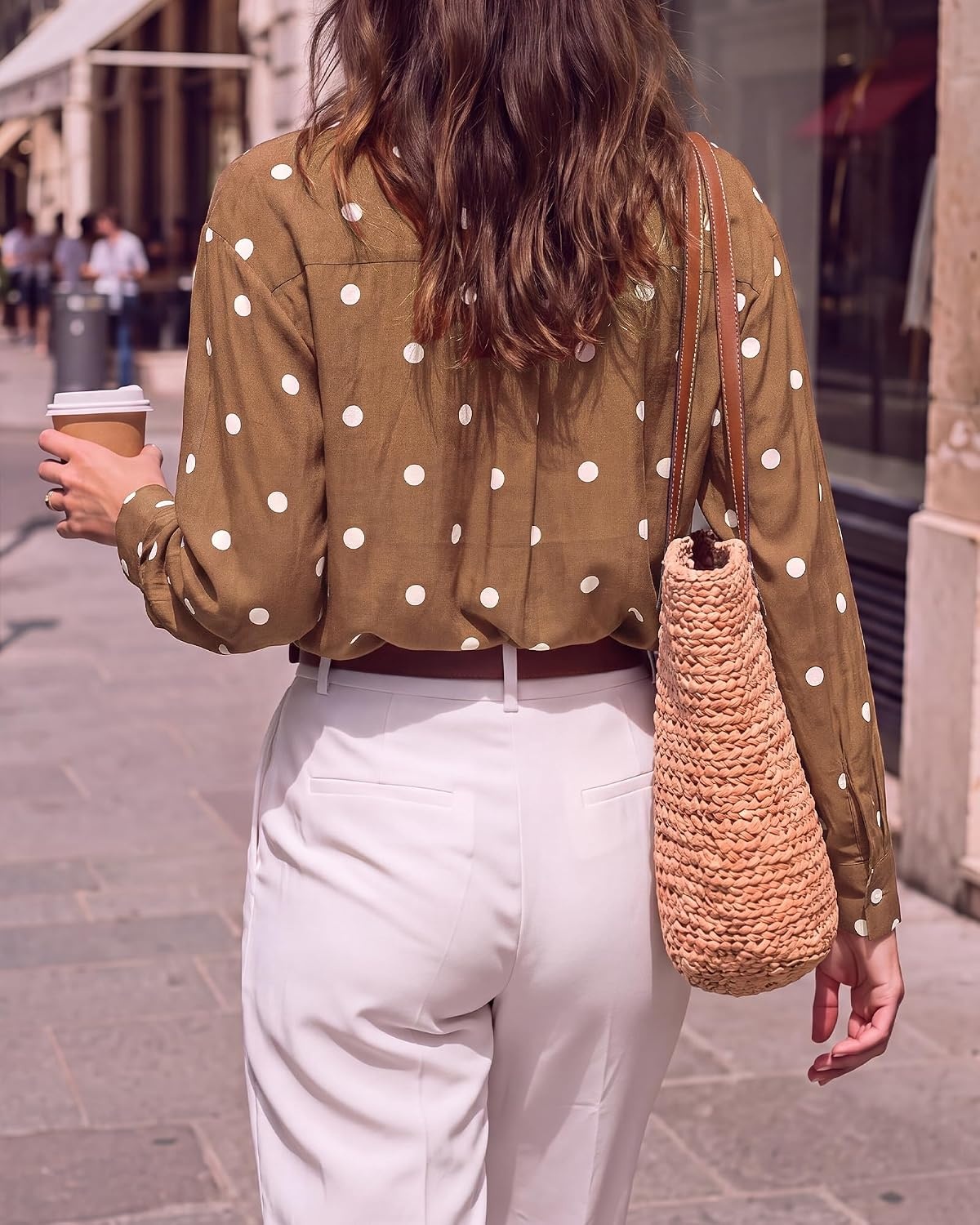 image:imageBTFBM Womens Blouses Dressy Casual Floral Long Sleeve Shirts Polka Dot TopsPolka Dot Brown White