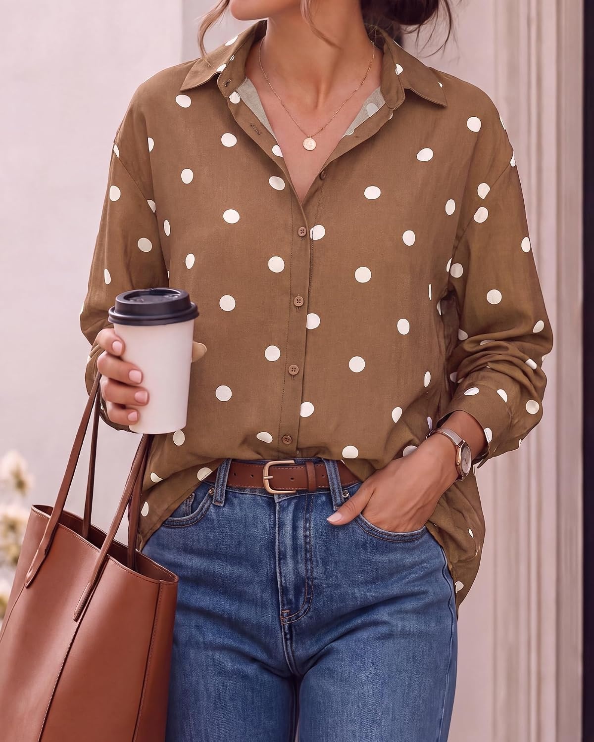 image:imageBTFBM Womens Blouses Dressy Casual Floral Long Sleeve Shirts Polka Dot TopsPolka Dot Brown White