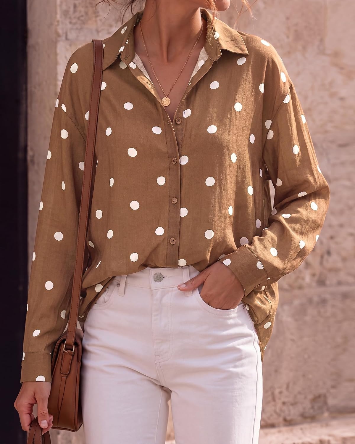 image:imageBTFBM Womens Blouses Dressy Casual Floral Long Sleeve Shirts Polka Dot TopsPolka Dot Brown White