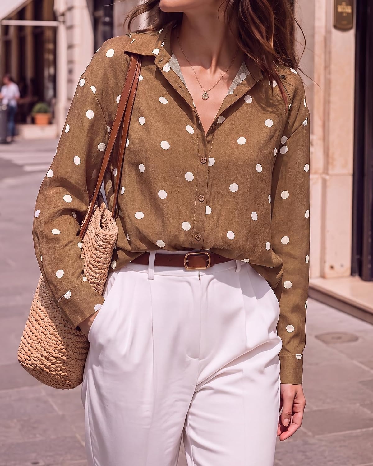 image:imageBTFBM Womens Blouses Dressy Casual Floral Long Sleeve Shirts Polka Dot TopsPolka Dot Brown White