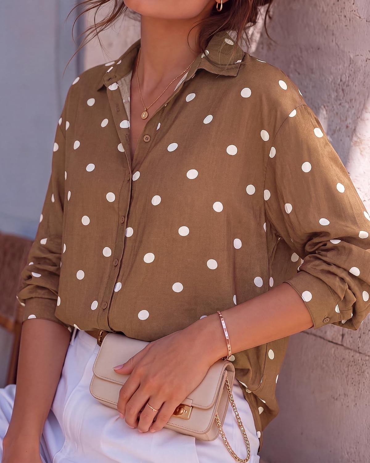 image:imageBTFBM Womens Blouses Dressy Casual Floral Long Sleeve Shirts Polka Dot TopsPolka Dot Brown White