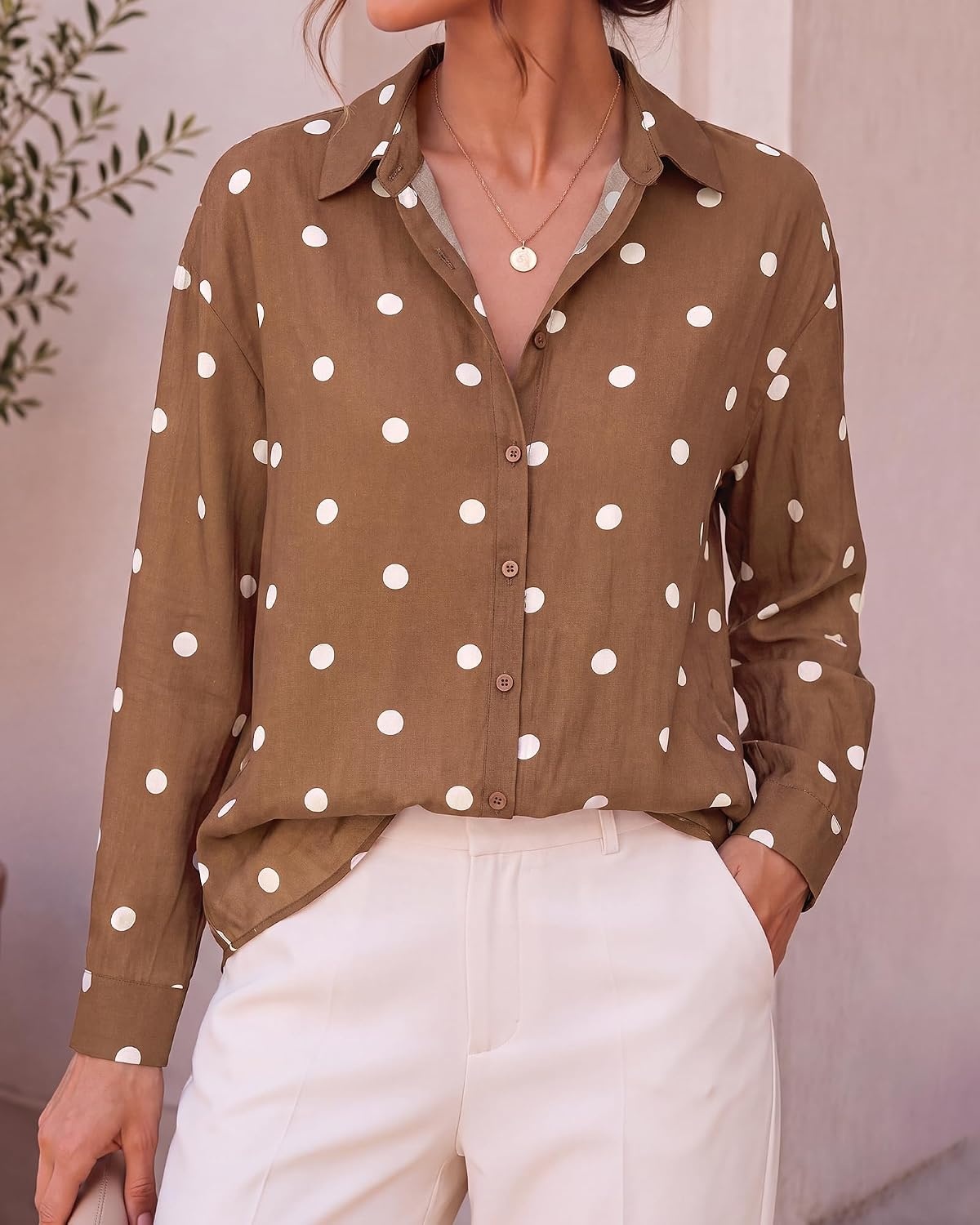 image:imageBTFBM Womens Blouses Dressy Casual Floral Long Sleeve Shirts Polka Dot TopsPolka Dot Brown White