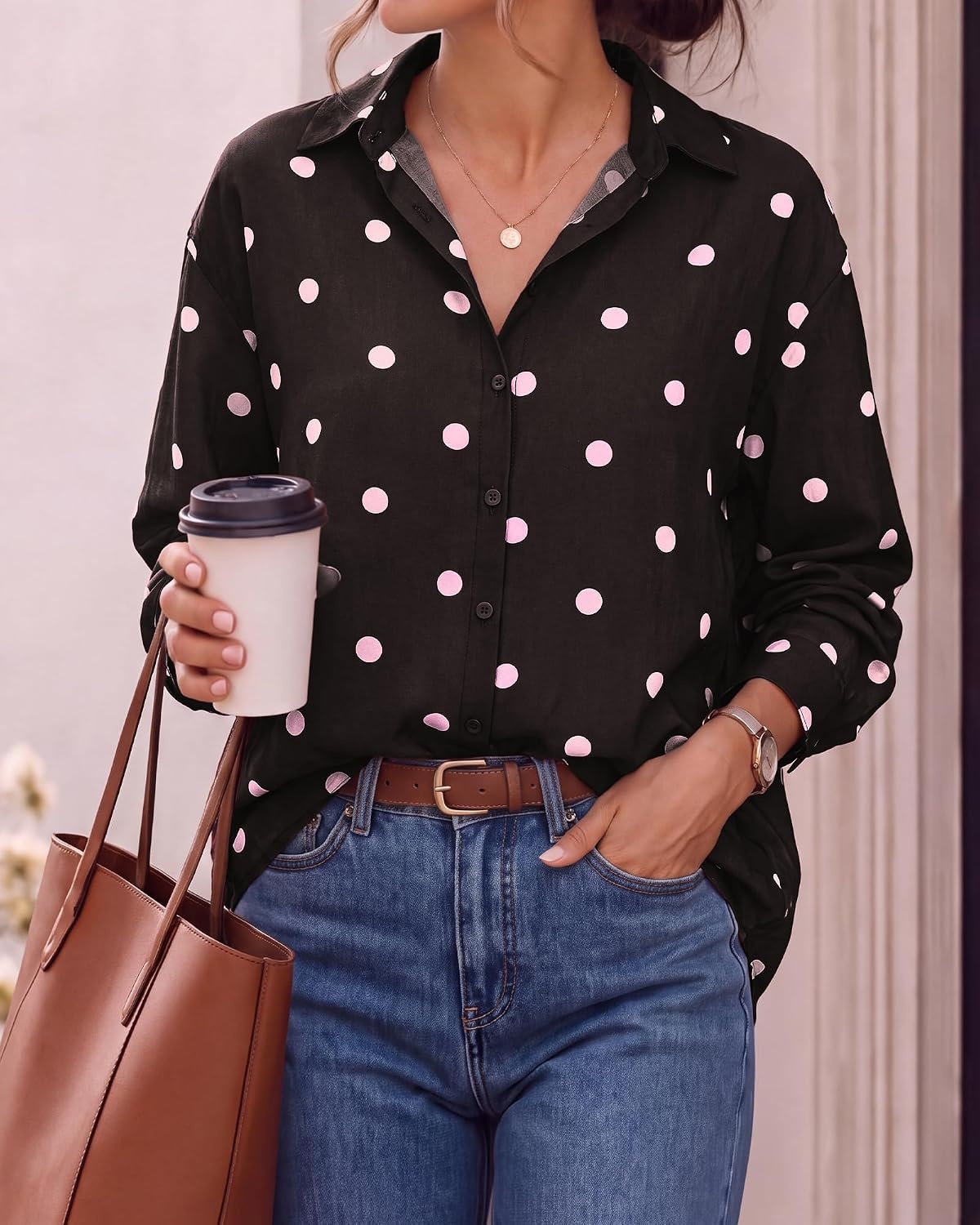 image:imageBTFBM Womens Blouses Dressy Casual Floral Long Sleeve Shirts Polka Dot TopsPolka Dot Dark Brown Pink
