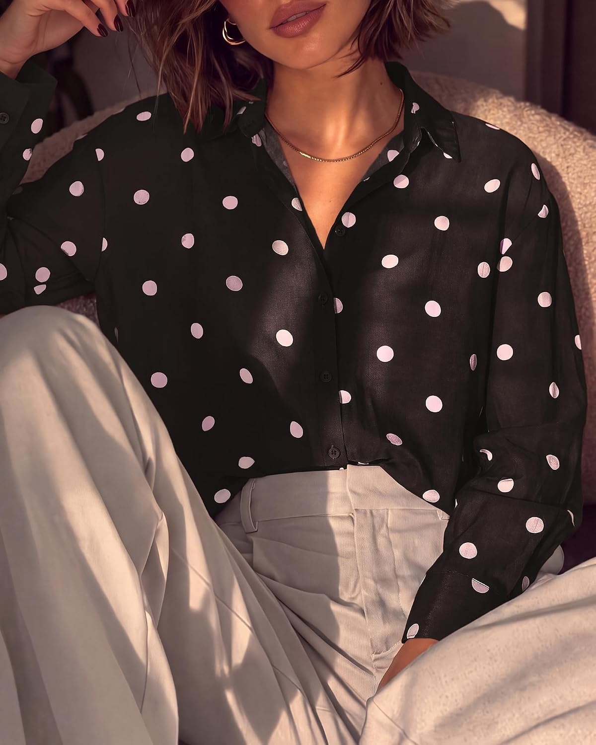 image:imageBTFBM Womens Blouses Dressy Casual Floral Long Sleeve Shirts Polka Dot TopsPolka Dot Dark Brown Pink