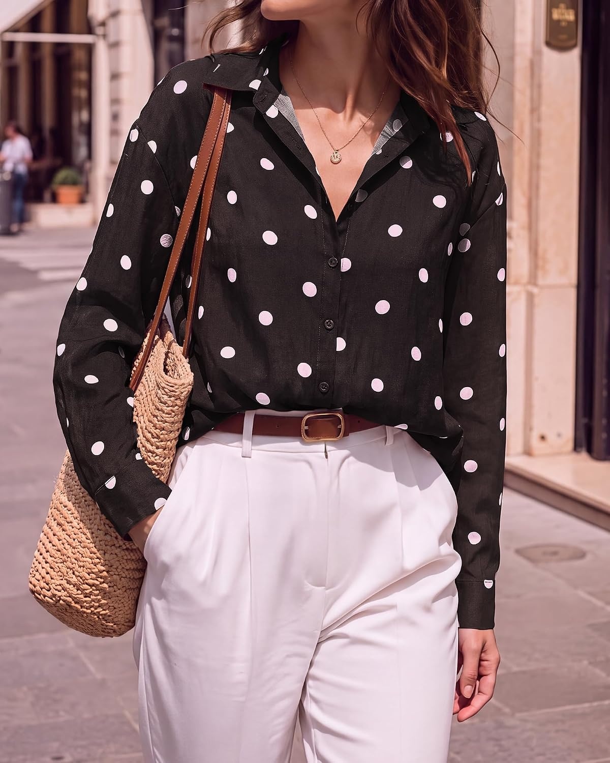 image:imageBTFBM Womens Blouses Dressy Casual Floral Long Sleeve Shirts Polka Dot TopsPolka Dot Dark Brown Pink