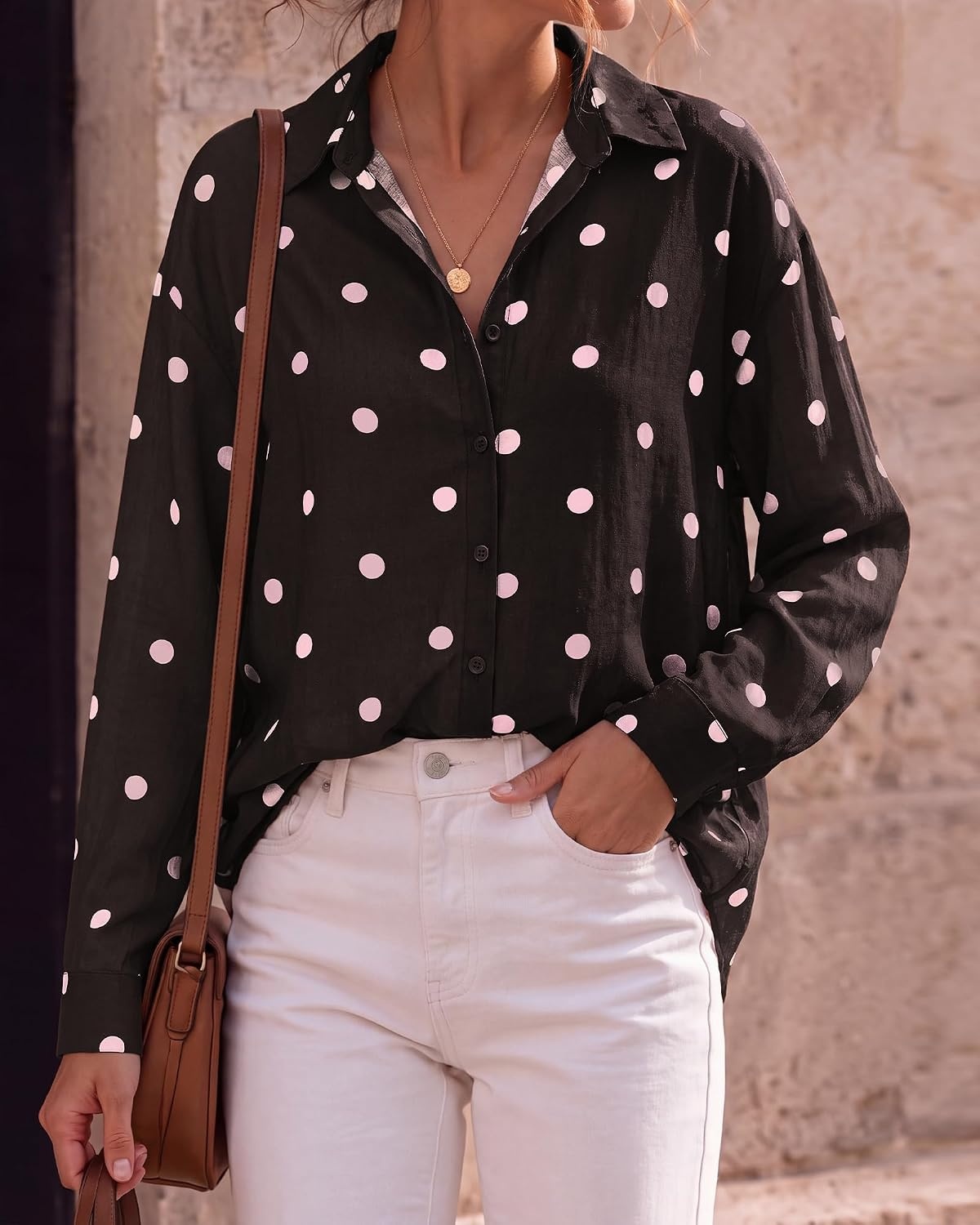 image:imageBTFBM Womens Blouses Dressy Casual Floral Long Sleeve Shirts Polka Dot TopsPolka Dot Dark Brown Pink
