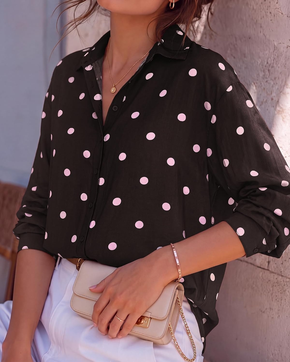 image:imageBTFBM Womens Blouses Dressy Casual Floral Long Sleeve Shirts Polka Dot TopsPolka Dot Dark Brown Pink