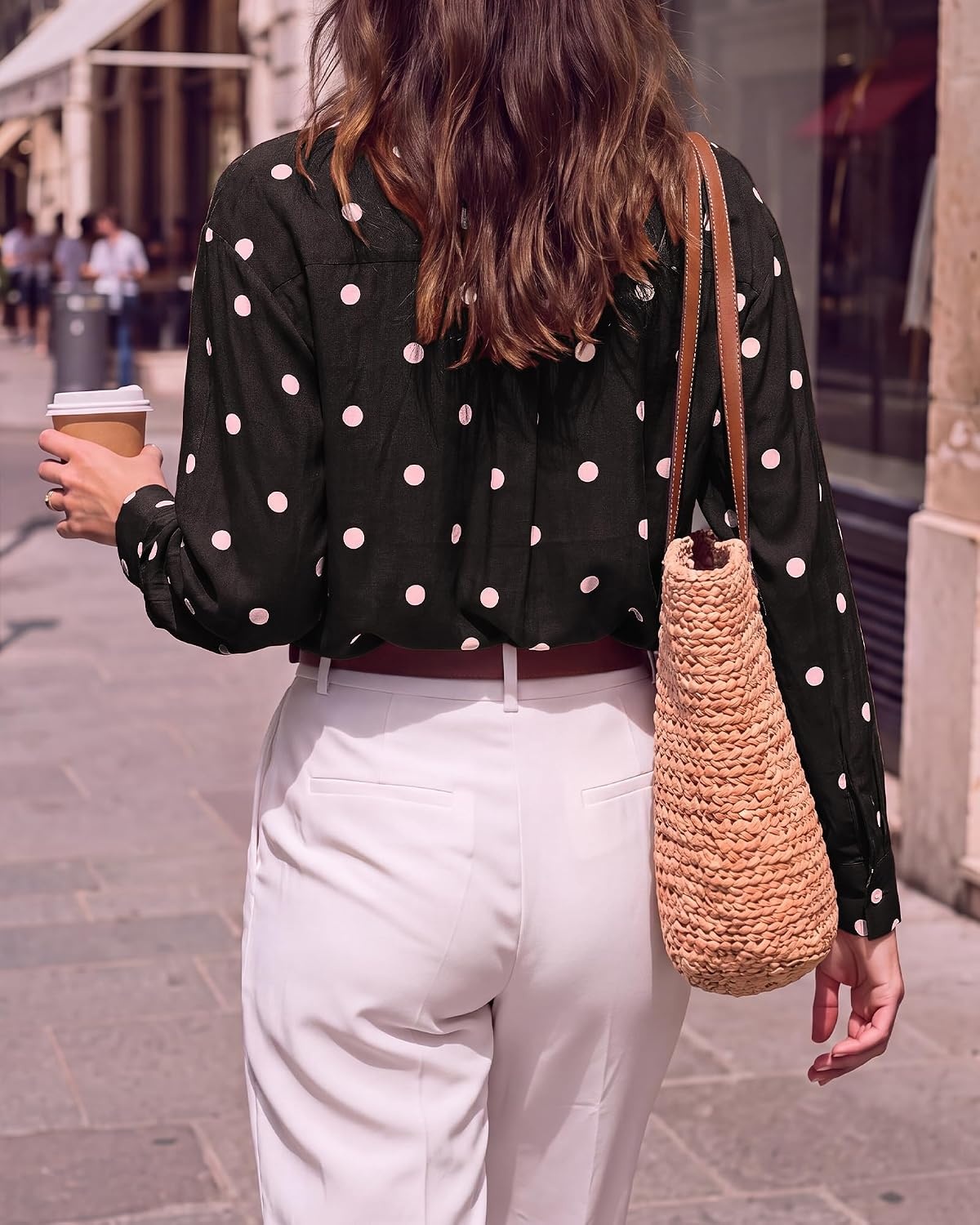 image:imageBTFBM Womens Blouses Dressy Casual Floral Long Sleeve Shirts Polka Dot TopsPolka Dot Dark Brown Pink