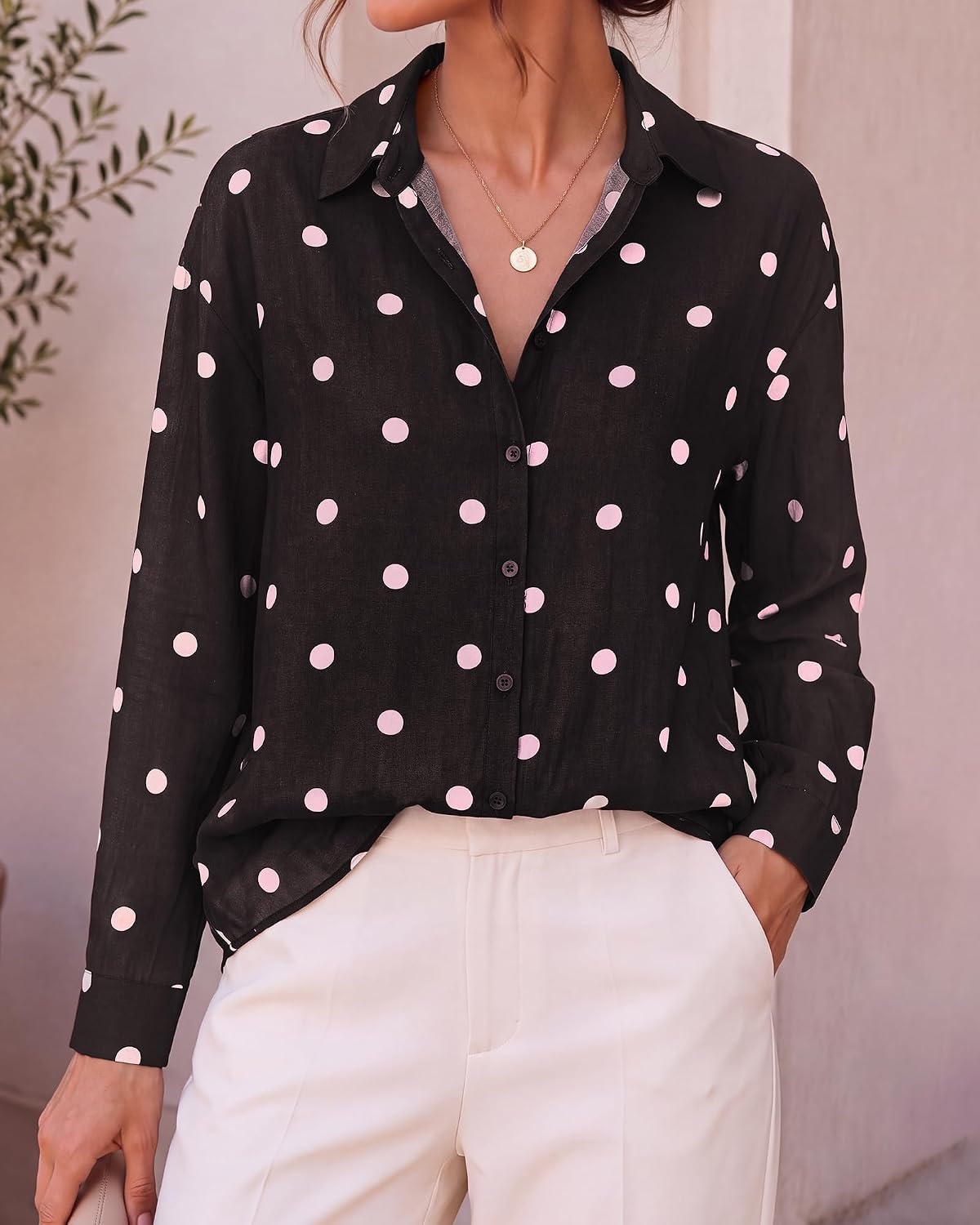 image:imageBTFBM Womens Blouses Dressy Casual Floral Long Sleeve Shirts Polka Dot TopsPolka Dot Dark Brown Pink