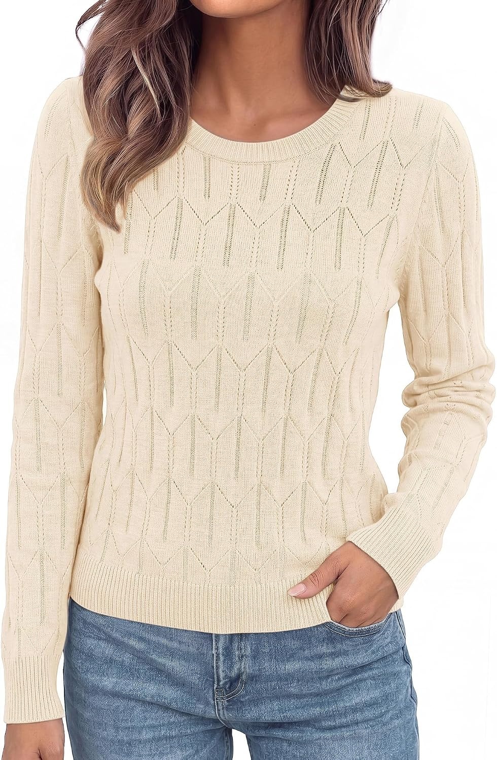image:imageBTFBM Womens Sweaters Long Sleeve Crewneck Pullover Tops Dressy CasualApricot