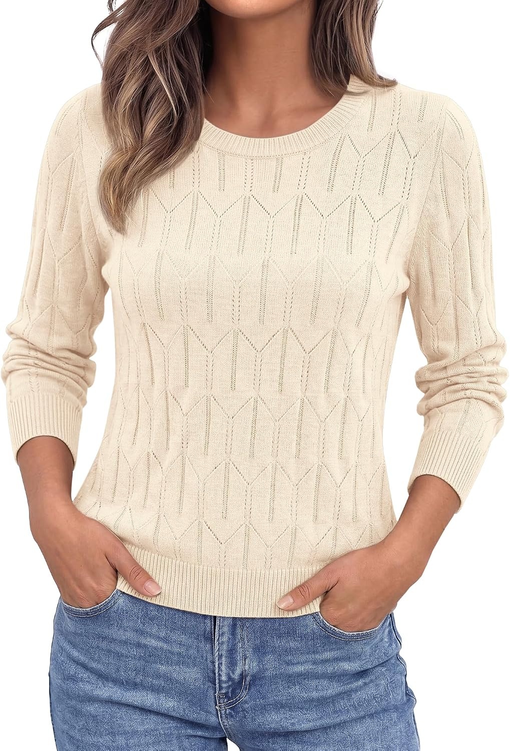 image:imageBTFBM Womens Sweaters Long Sleeve Crewneck Pullover Tops Dressy CasualApricot