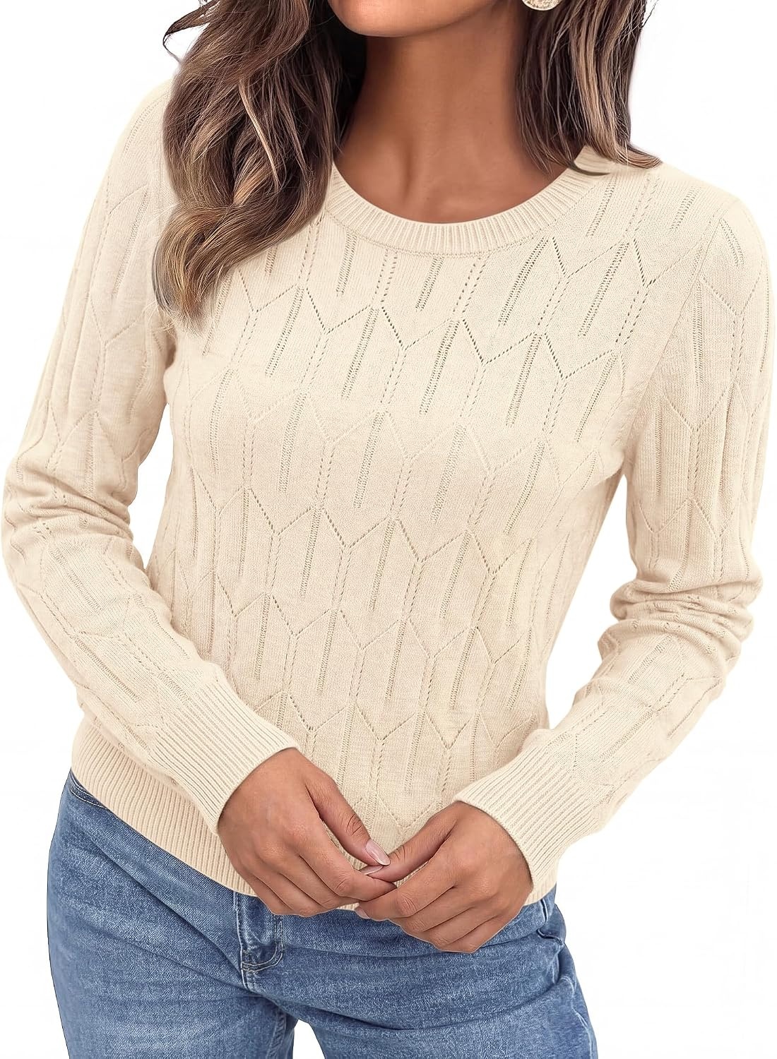 image:imageBTFBM Womens Sweaters Long Sleeve Crewneck Pullover Tops Dressy CasualApricot
