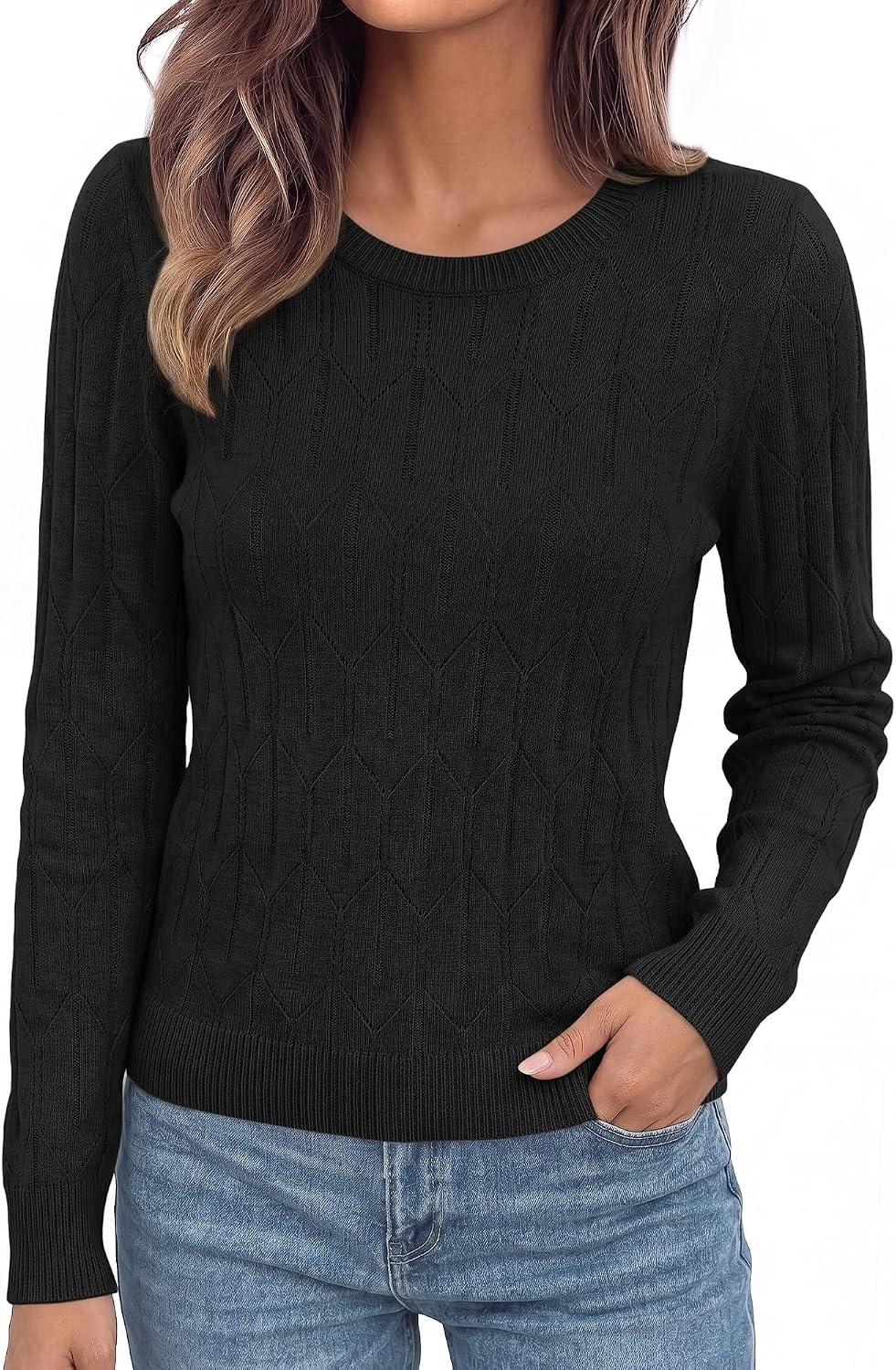 image:imageBTFBM Womens Sweaters Long Sleeve Crewneck Pullover Tops Dressy CasualBlack