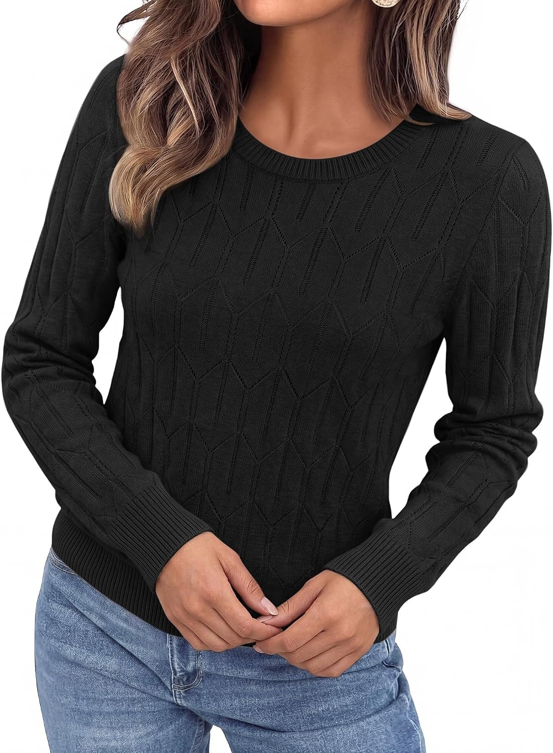 image:imageBTFBM Womens Sweaters Long Sleeve Crewneck Pullover Tops Dressy CasualBlack
