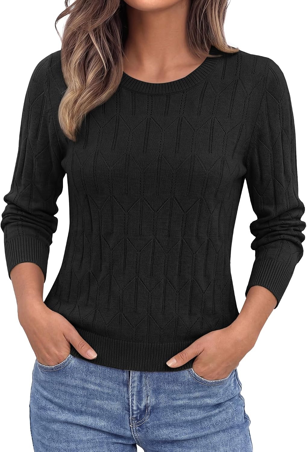 image:imageBTFBM Womens Sweaters Long Sleeve Crewneck Pullover Tops Dressy CasualBlack