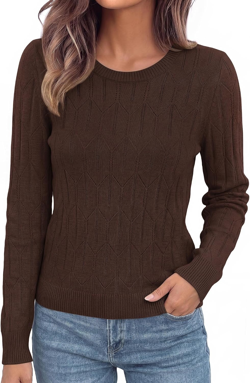 image:imageBTFBM Womens Sweaters Long Sleeve Crewneck Pullover Tops Dressy CasualBrown