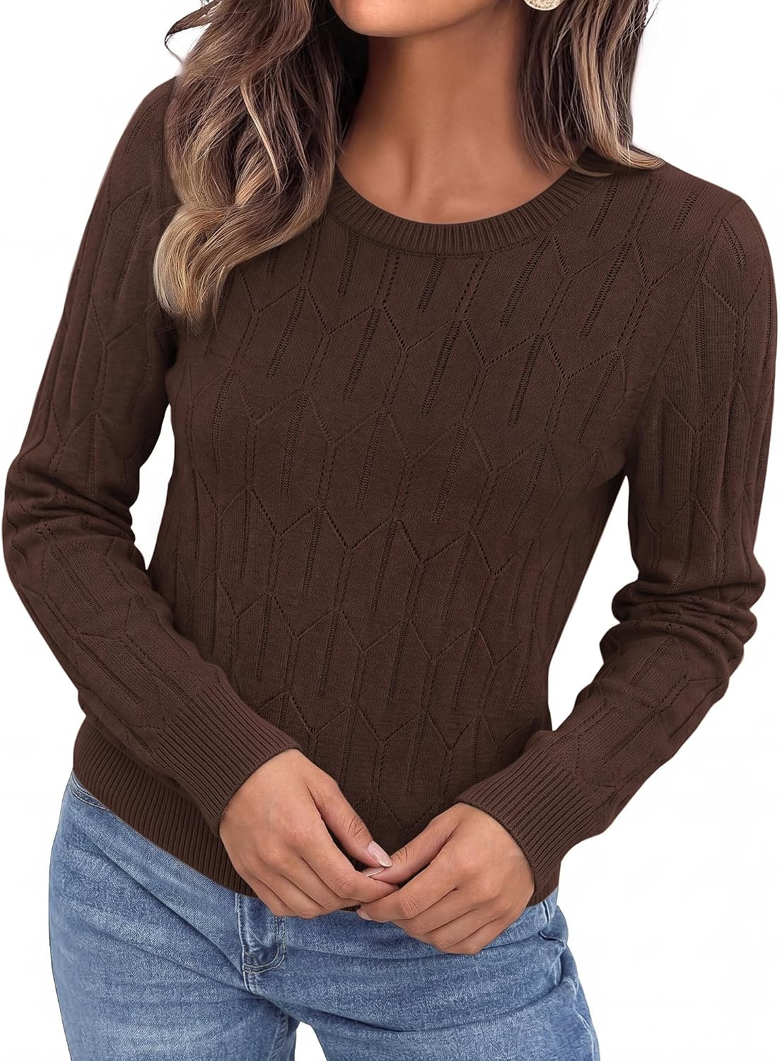 image:imageBTFBM Womens Sweaters Long Sleeve Crewneck Pullover Tops Dressy CasualBrown