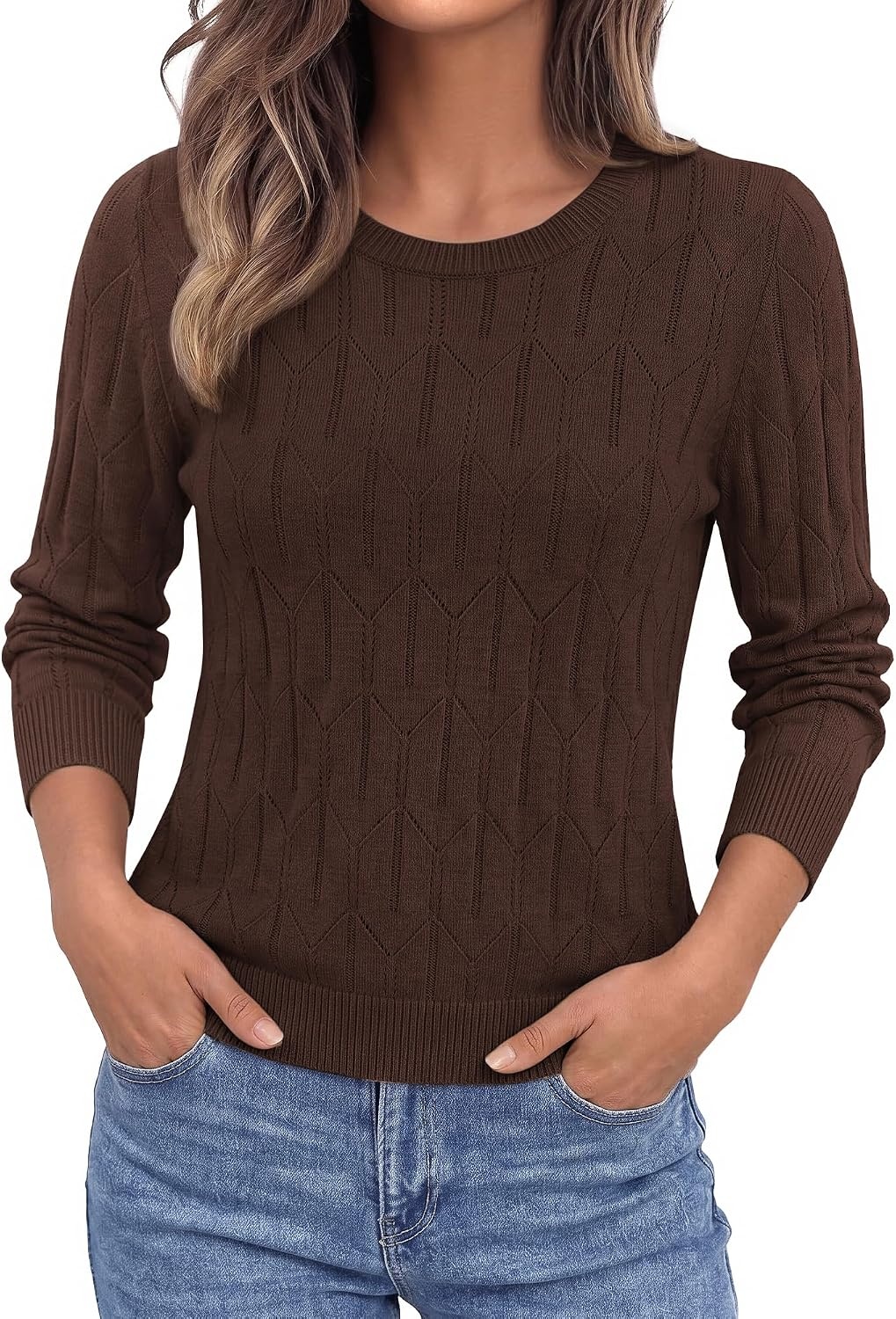 image:imageBTFBM Womens Sweaters Long Sleeve Crewneck Pullover Tops Dressy CasualBrown