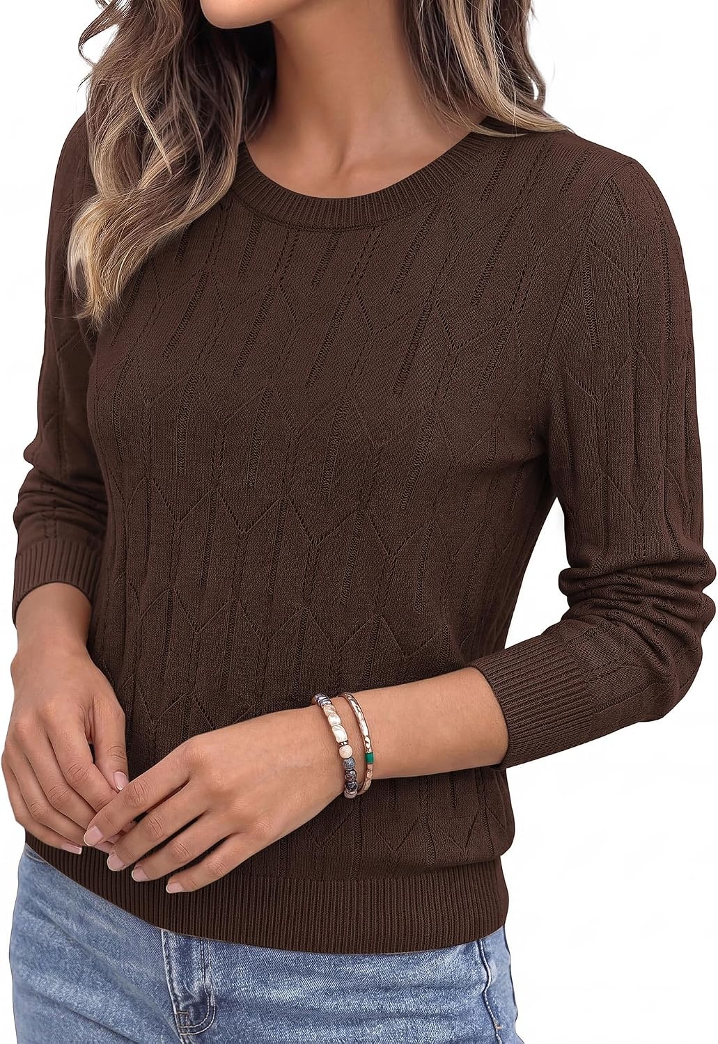 image:imageBTFBM Womens Sweaters Long Sleeve Crewneck Pullover Tops Dressy CasualBrown