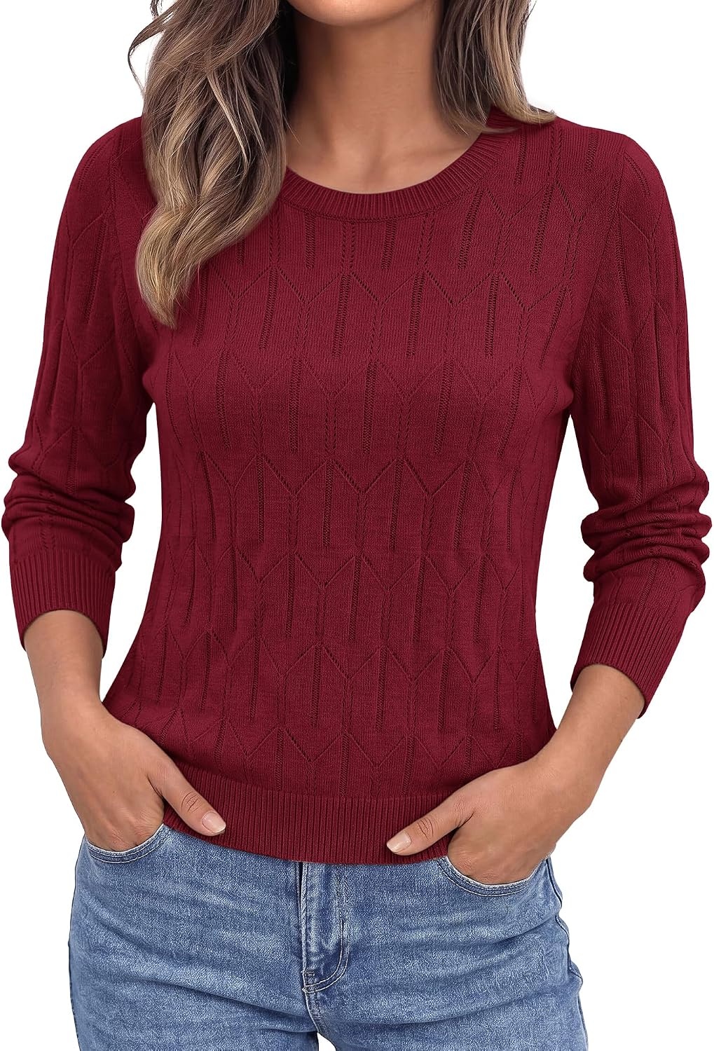 image:imageBTFBM Womens Sweaters Long Sleeve Crewneck Pullover Tops Dressy CasualBurgundy