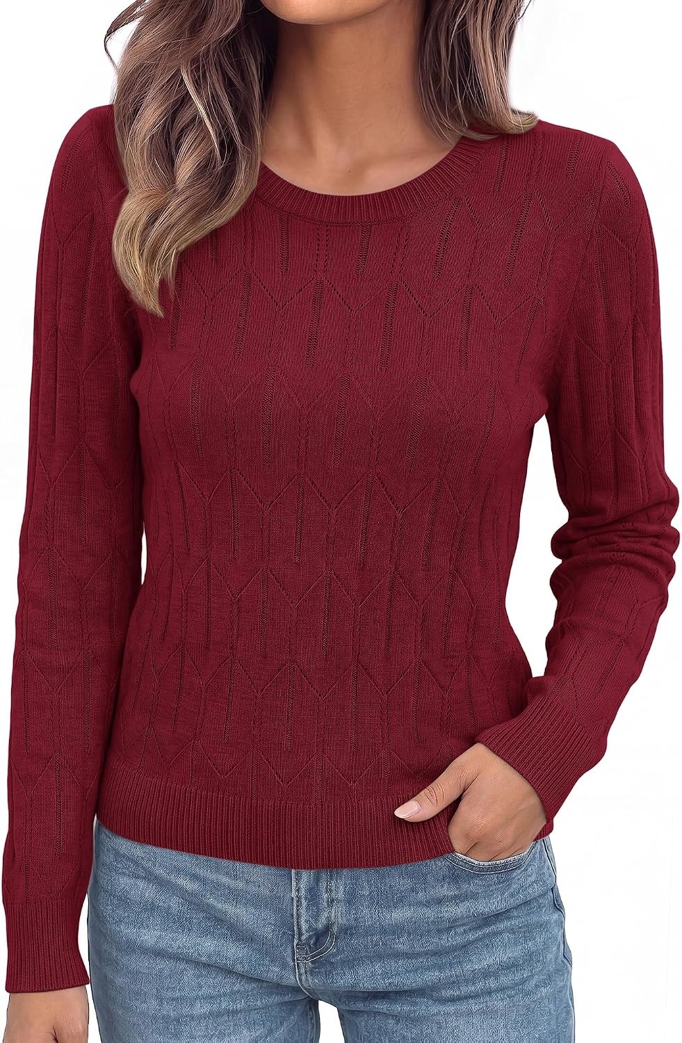 image:imageBTFBM Womens Sweaters Long Sleeve Crewneck Pullover Tops Dressy CasualBurgundy