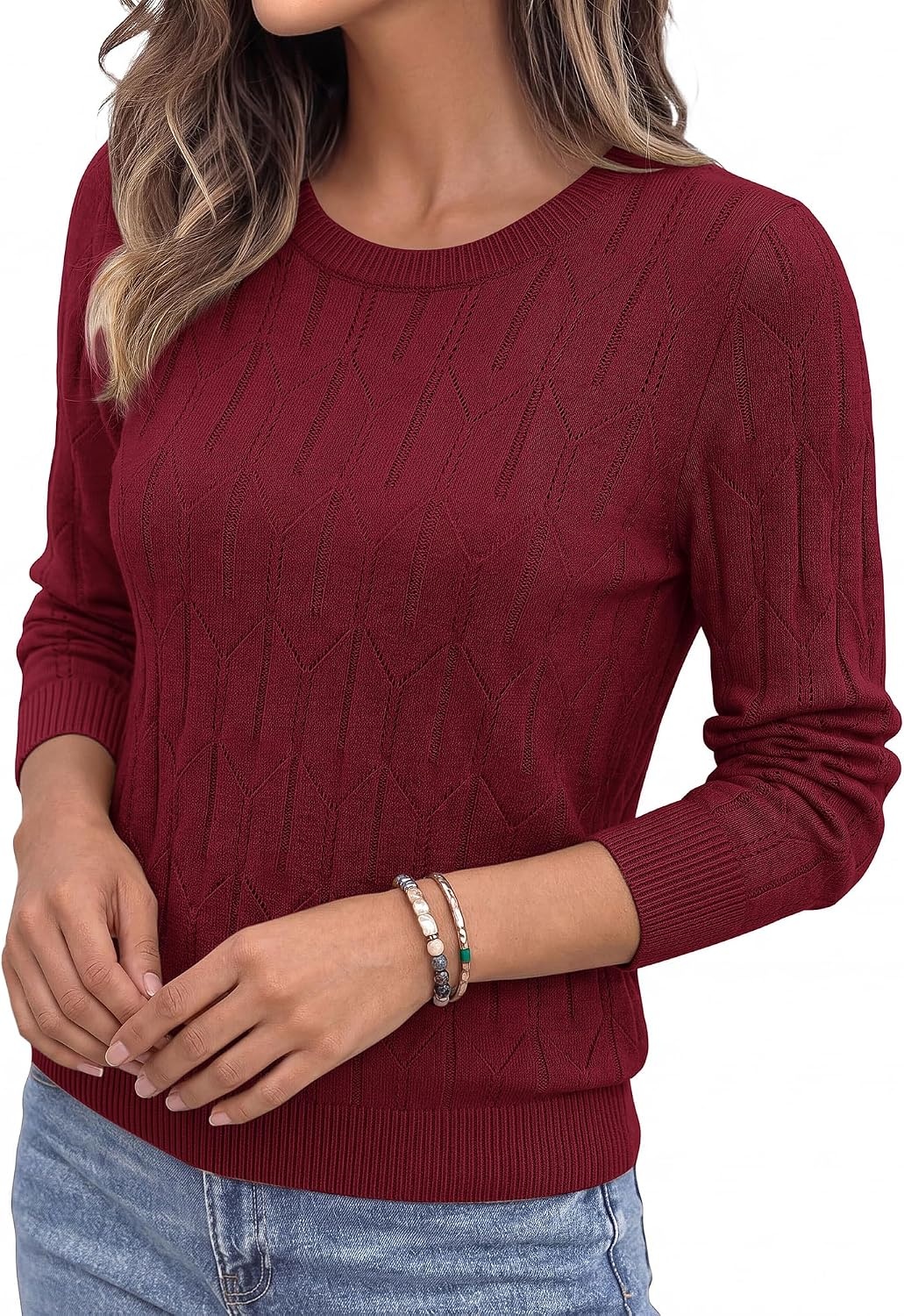 image:imageBTFBM Womens Sweaters Long Sleeve Crewneck Pullover Tops Dressy CasualBurgundy