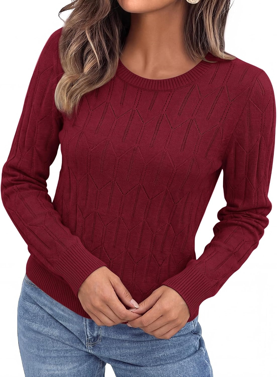 image:imageBTFBM Womens Sweaters Long Sleeve Crewneck Pullover Tops Dressy CasualBurgundy