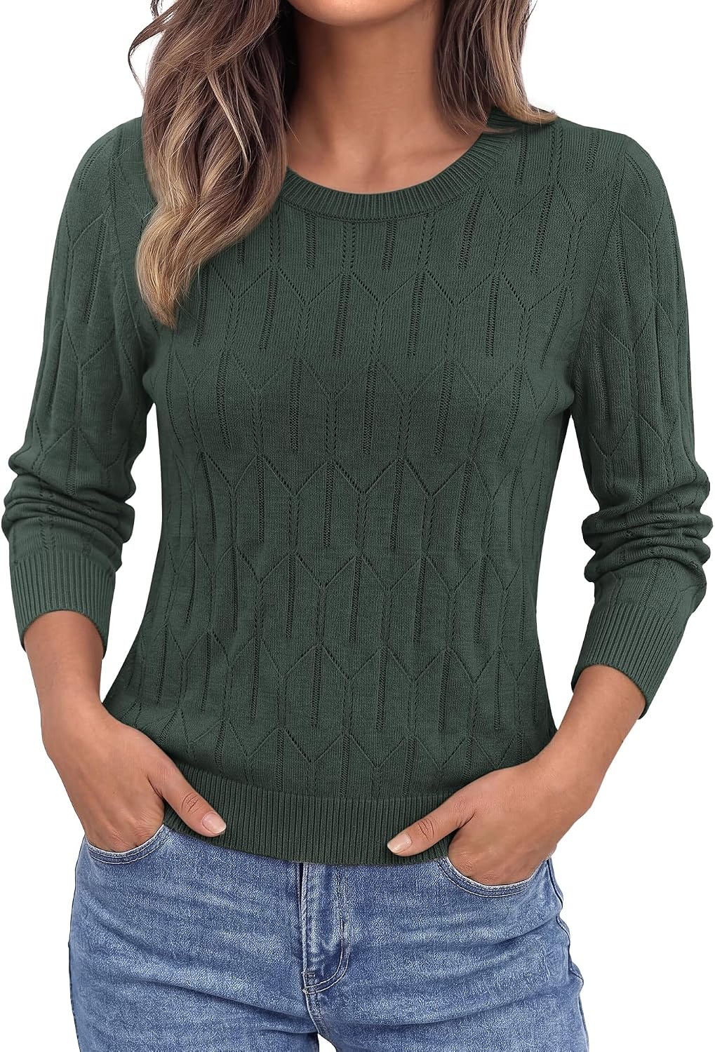 image:imageBTFBM Womens Sweaters Long Sleeve Crewneck Pullover Tops Dressy CasualDark Green