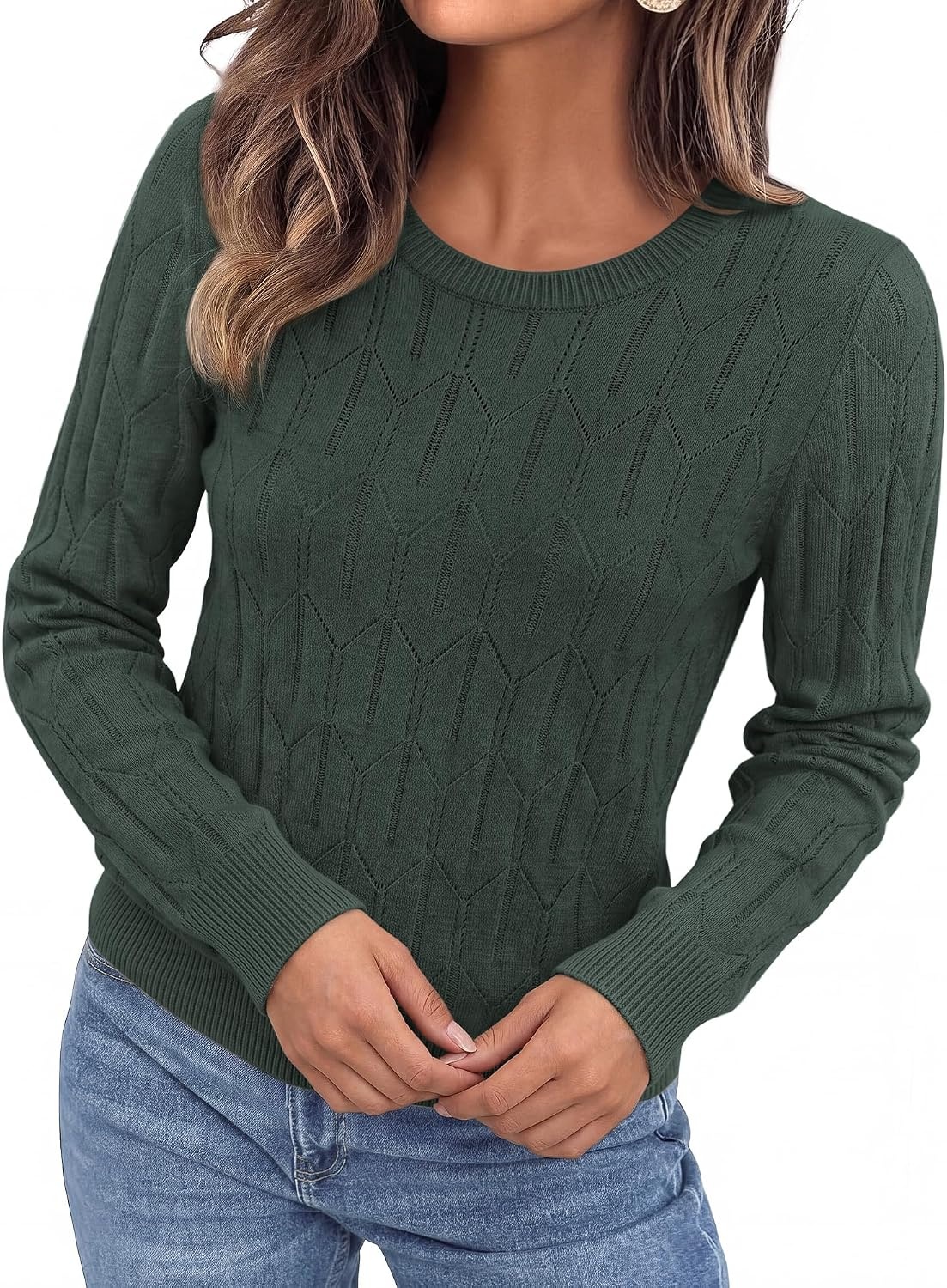 image:imageBTFBM Womens Sweaters Long Sleeve Crewneck Pullover Tops Dressy CasualDark Green