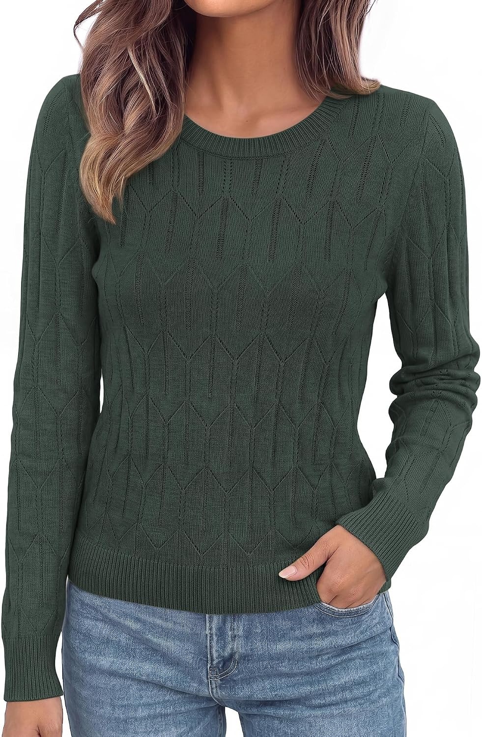 image:imageBTFBM Womens Sweaters Long Sleeve Crewneck Pullover Tops Dressy CasualDark Green